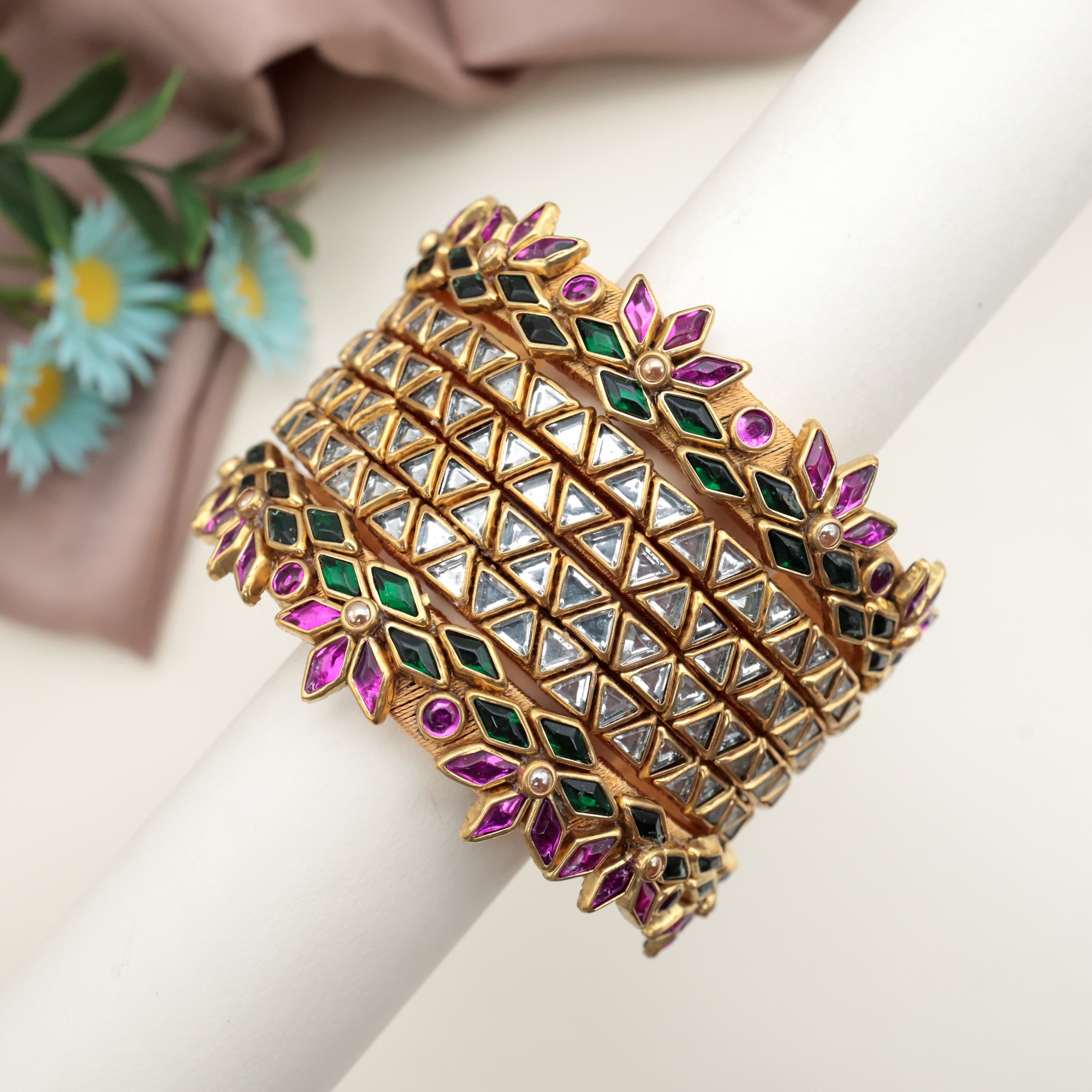 Handmade Silk Thread Kundan Bangles Set - Lotus