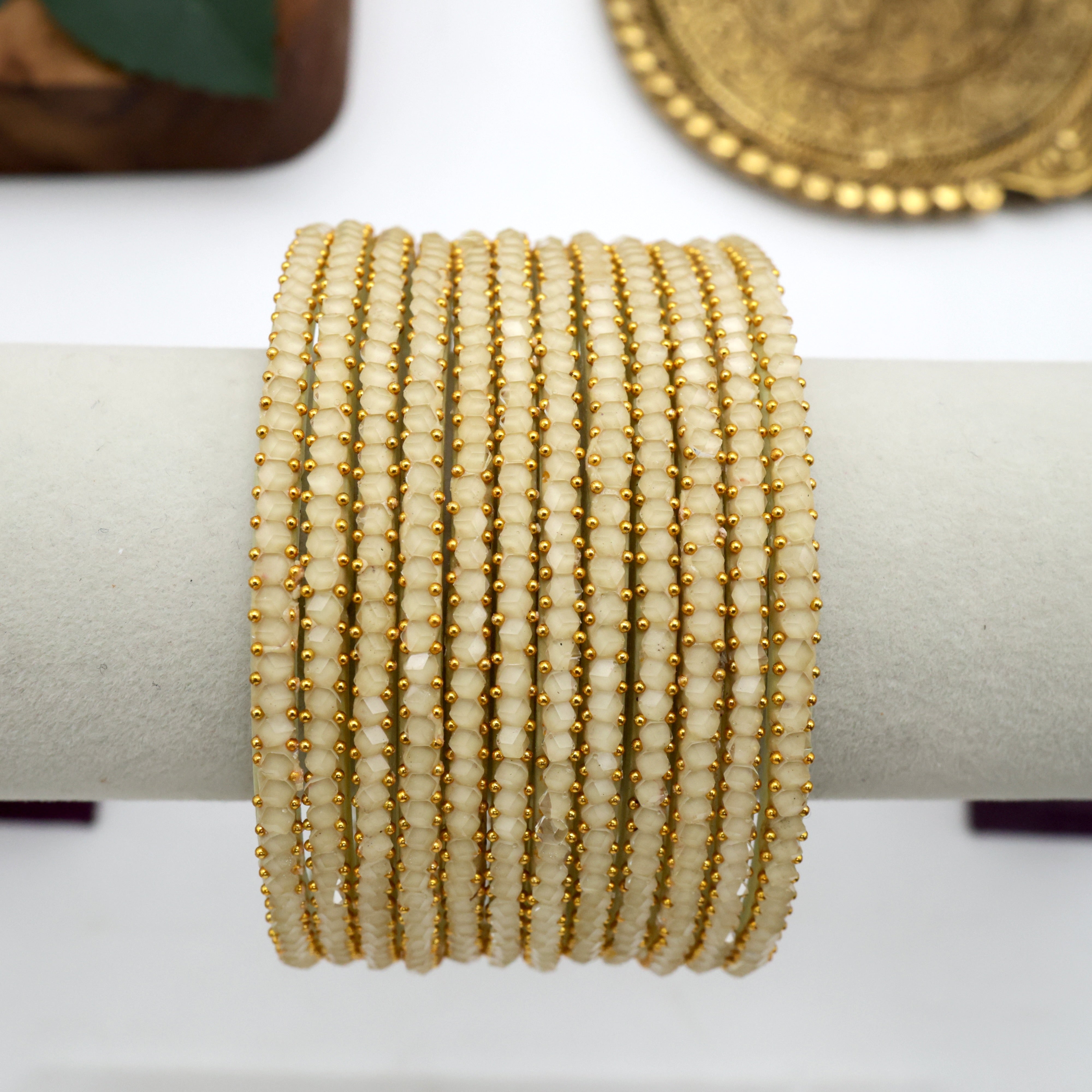 PREMIUM CRYSTAL STONE CUT BANGLES - CREAM