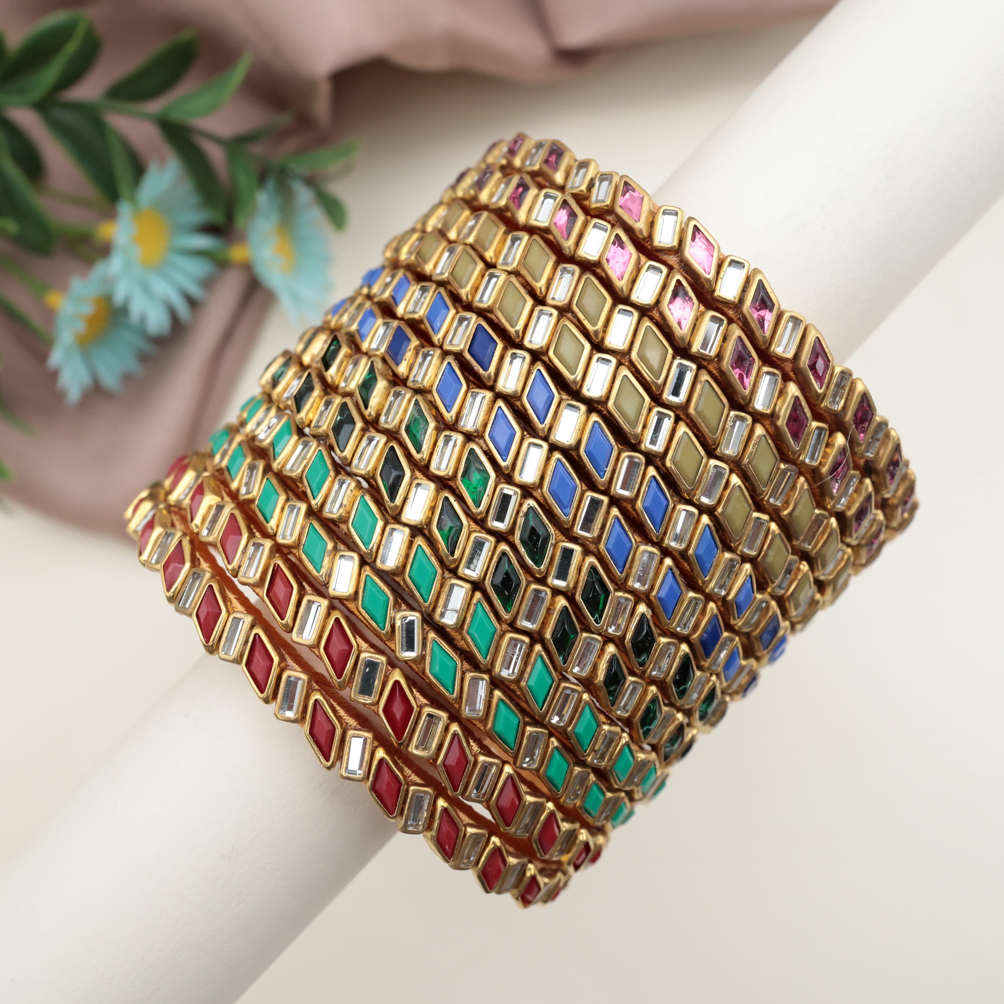 Handmade Silk Thread Kundan Cross Diamond Bangles - Pack of 6 Colours - Combo 1