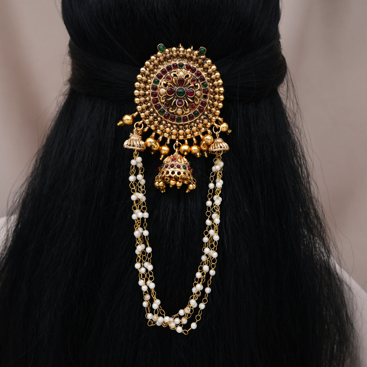 Antique Matte Budget Friendly Flower Chakra Jhumka Pearl Hanging Single Hair Choti