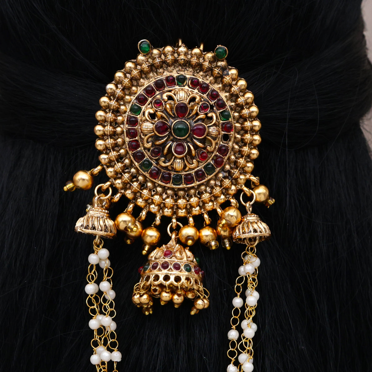 Antique Matte Budget Friendly Flower Chakra Jhumka Pearl Hanging Single Hair Choti
