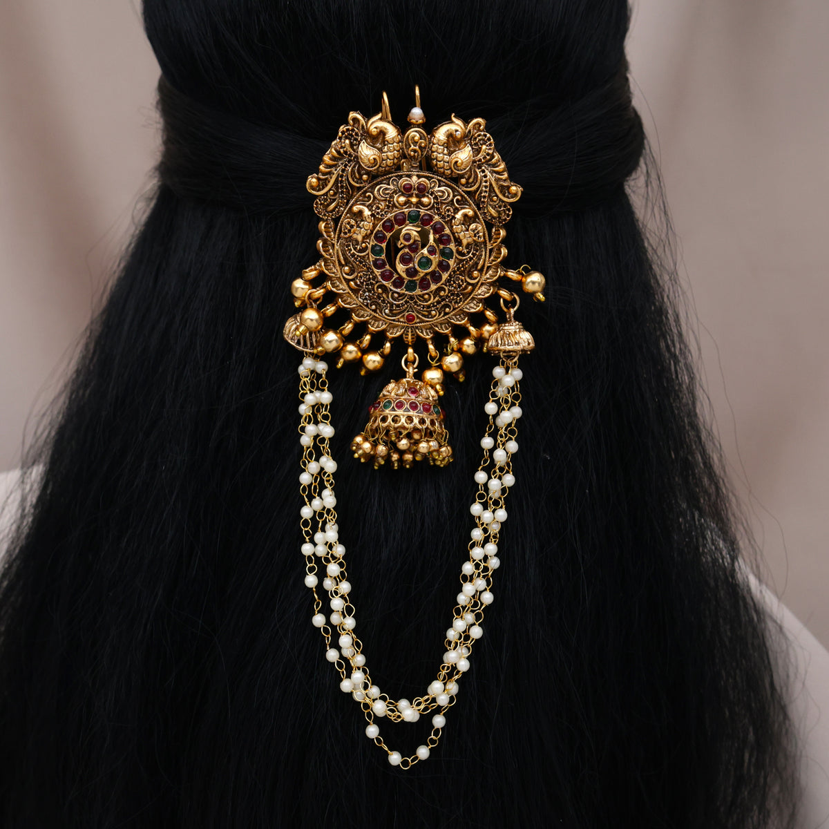Antique Matte Budget Friendly Mayil Chakram Jhumka Pearls Hanging Single Piece Bridal Hair Choti