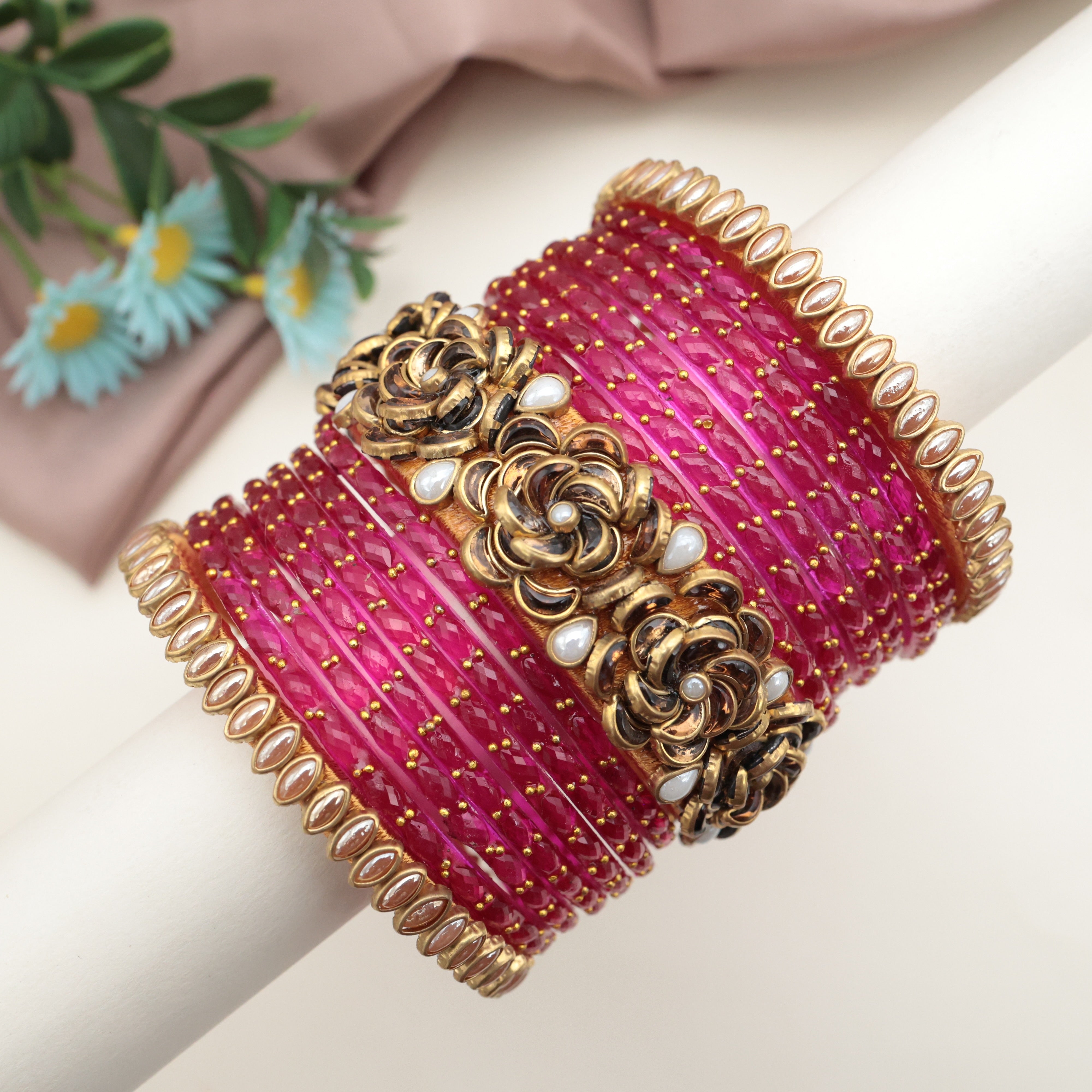 Handmade Silk Thread Kundan Bridal Bangles Set - Rose (Glass Bangles Not Included)