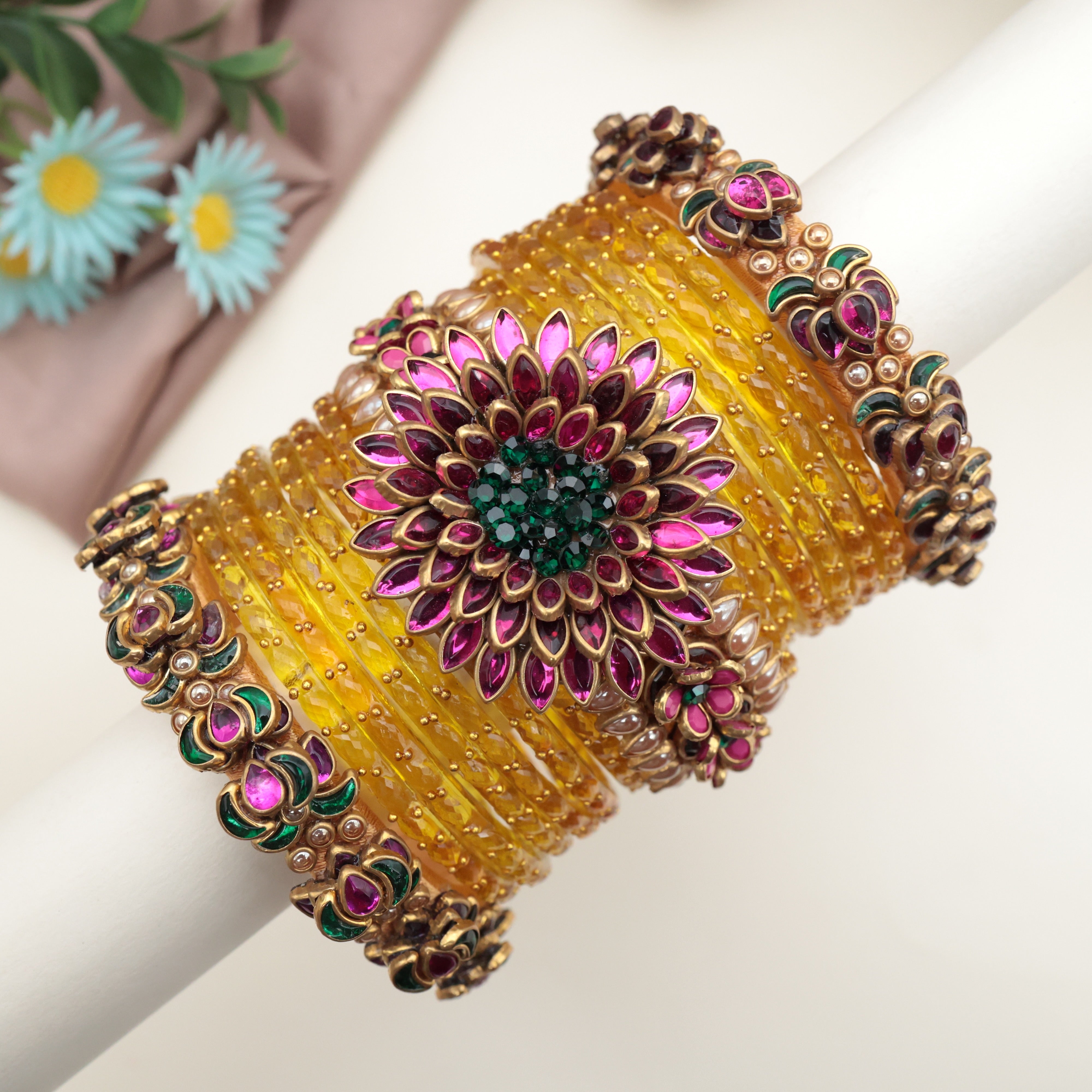 Handmade Silk Thread Kundan 3D Embossed Heavy Bridal Bangles Set - Sunflower