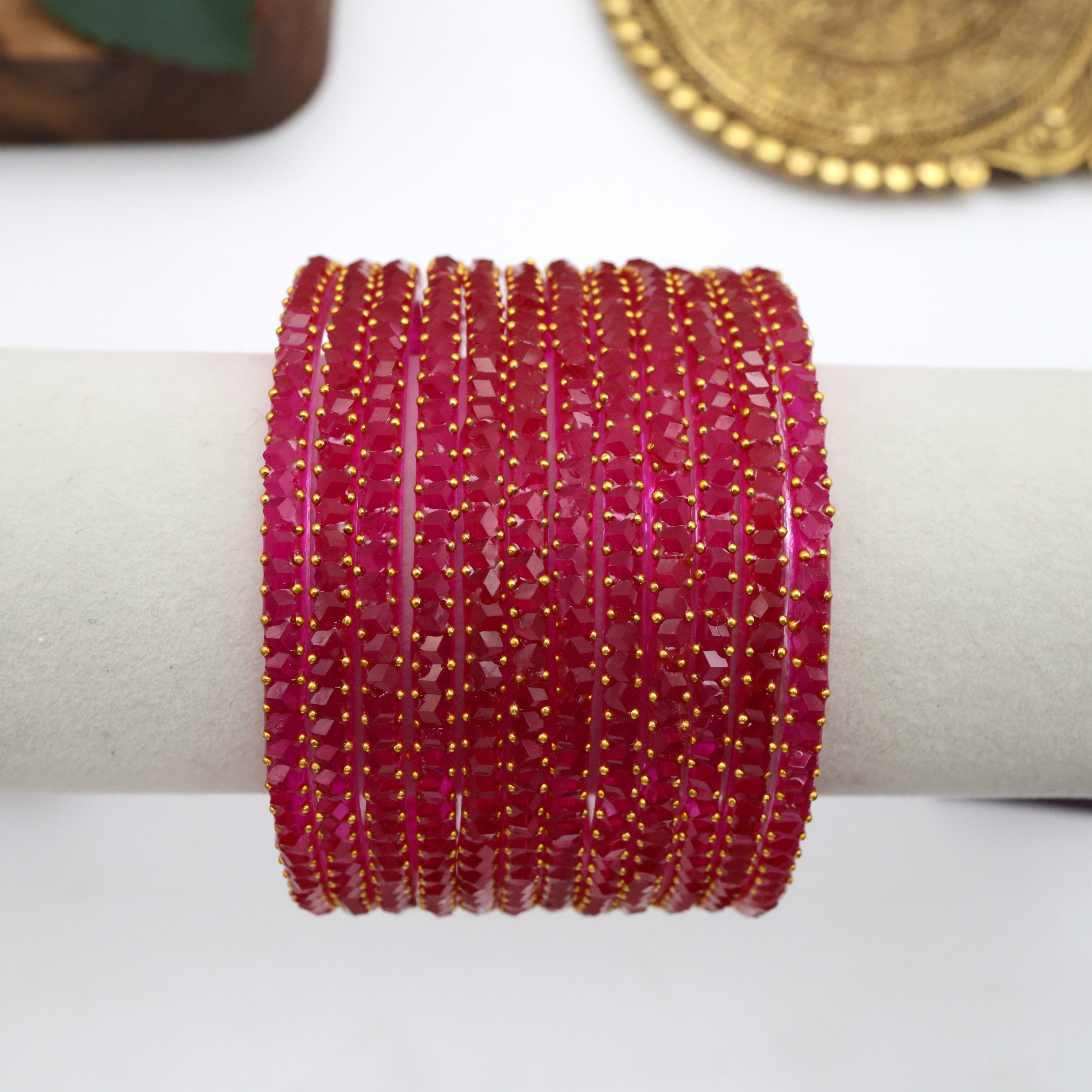 Diamond Crystal Cut Glass Bangles - Cherry Pink