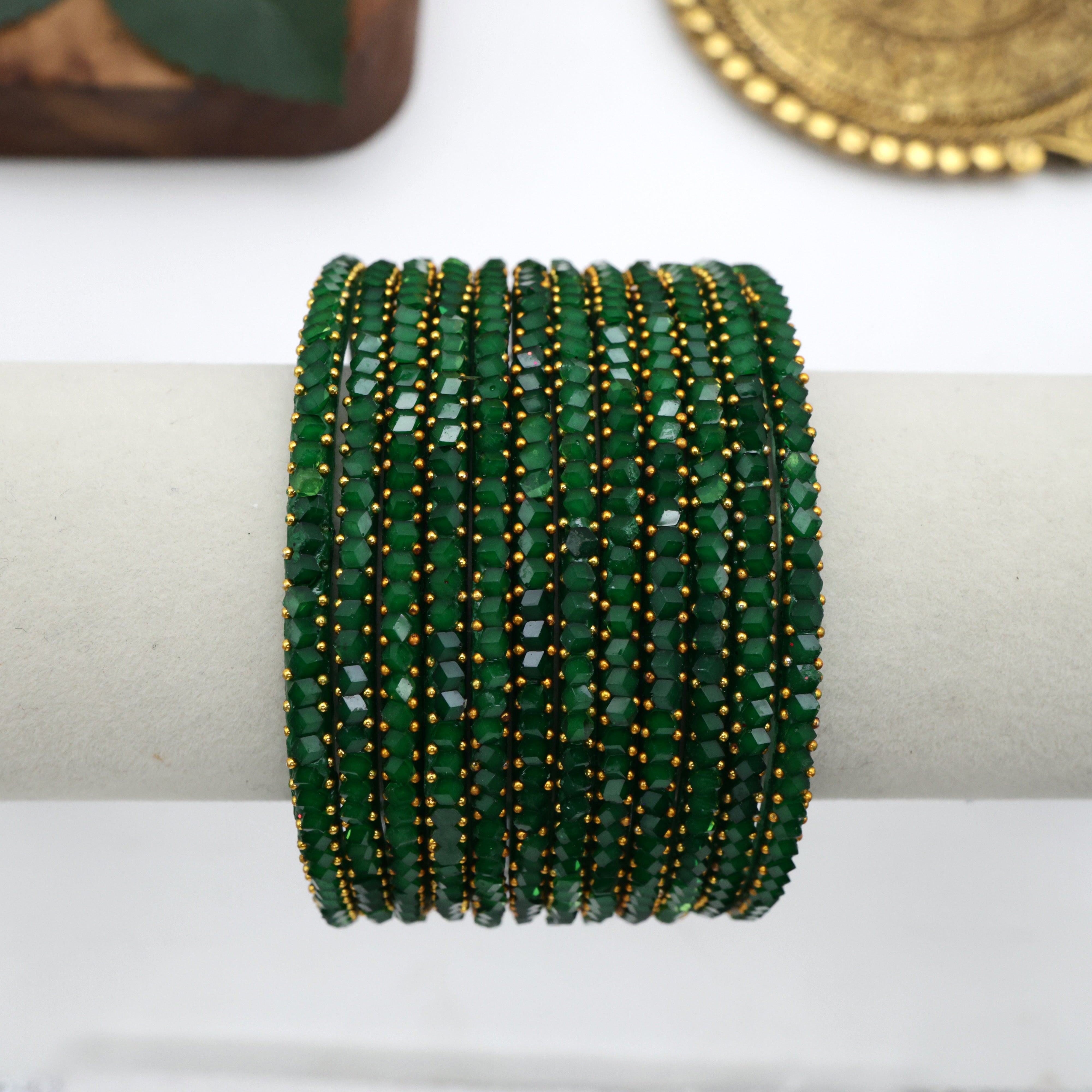 Diamond Crystal Cut Glass Bangles - Green