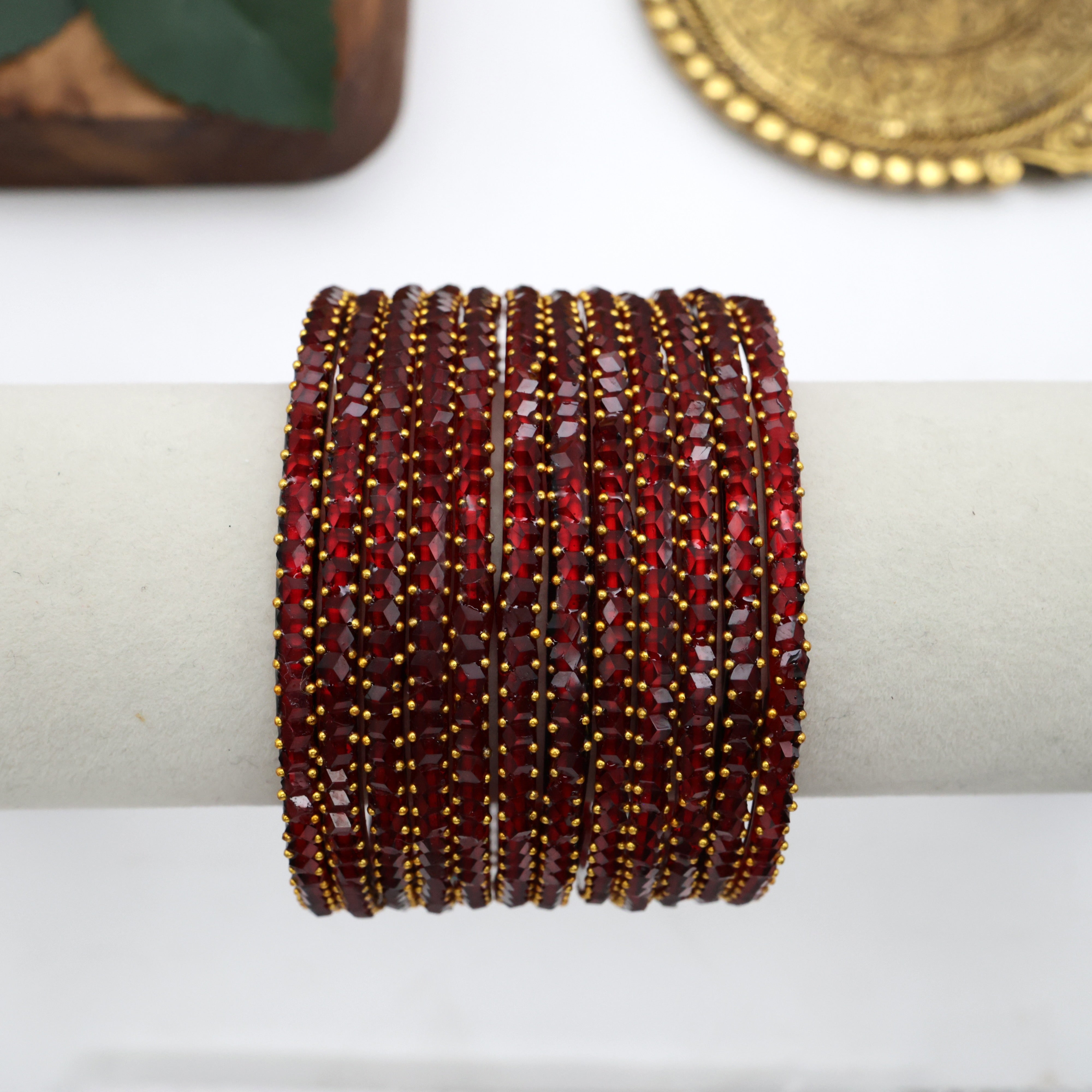 Diamond Crystal Cut Glass Bangles - Maroon