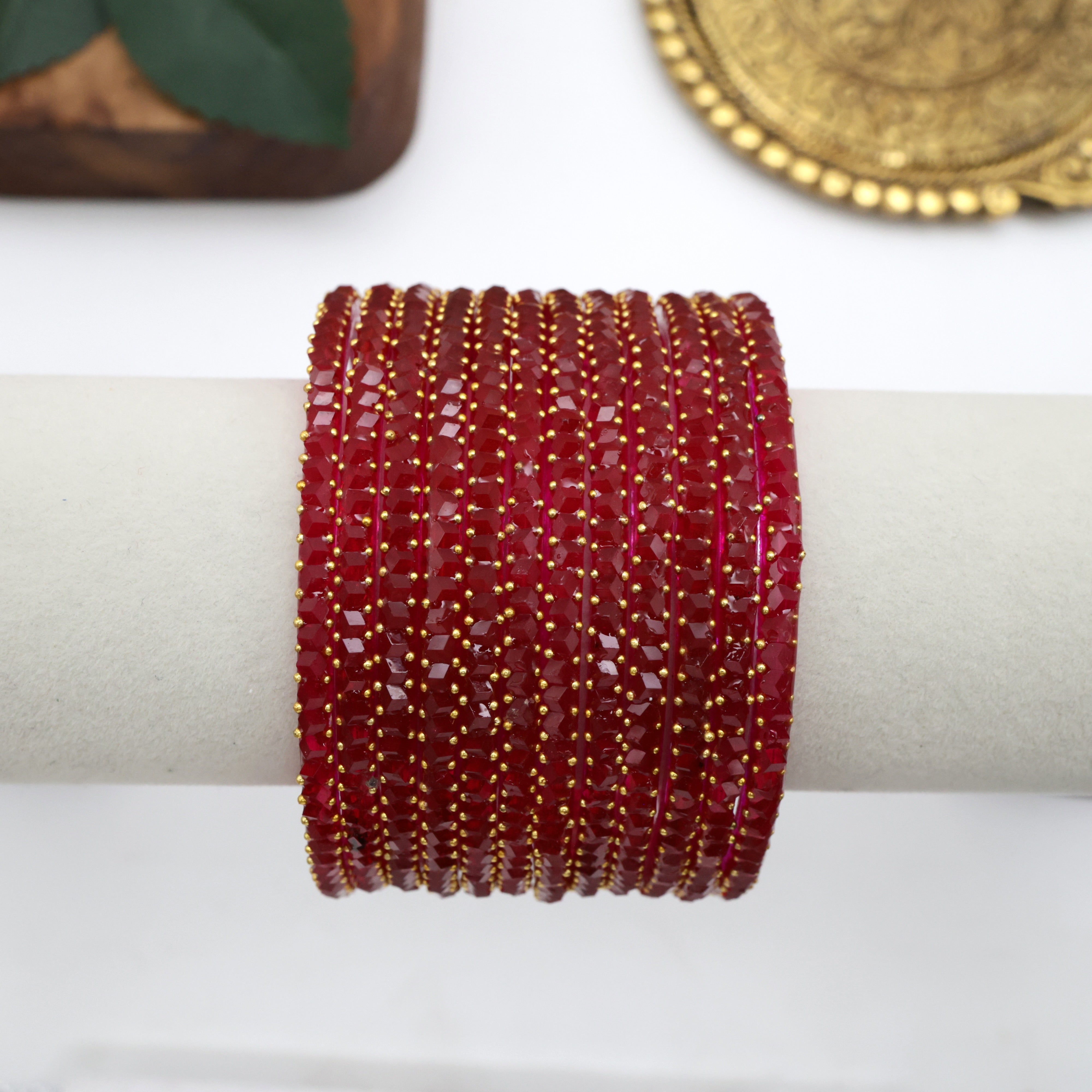 Diamond Crystal Cut Glass Bangles - Dark Red
