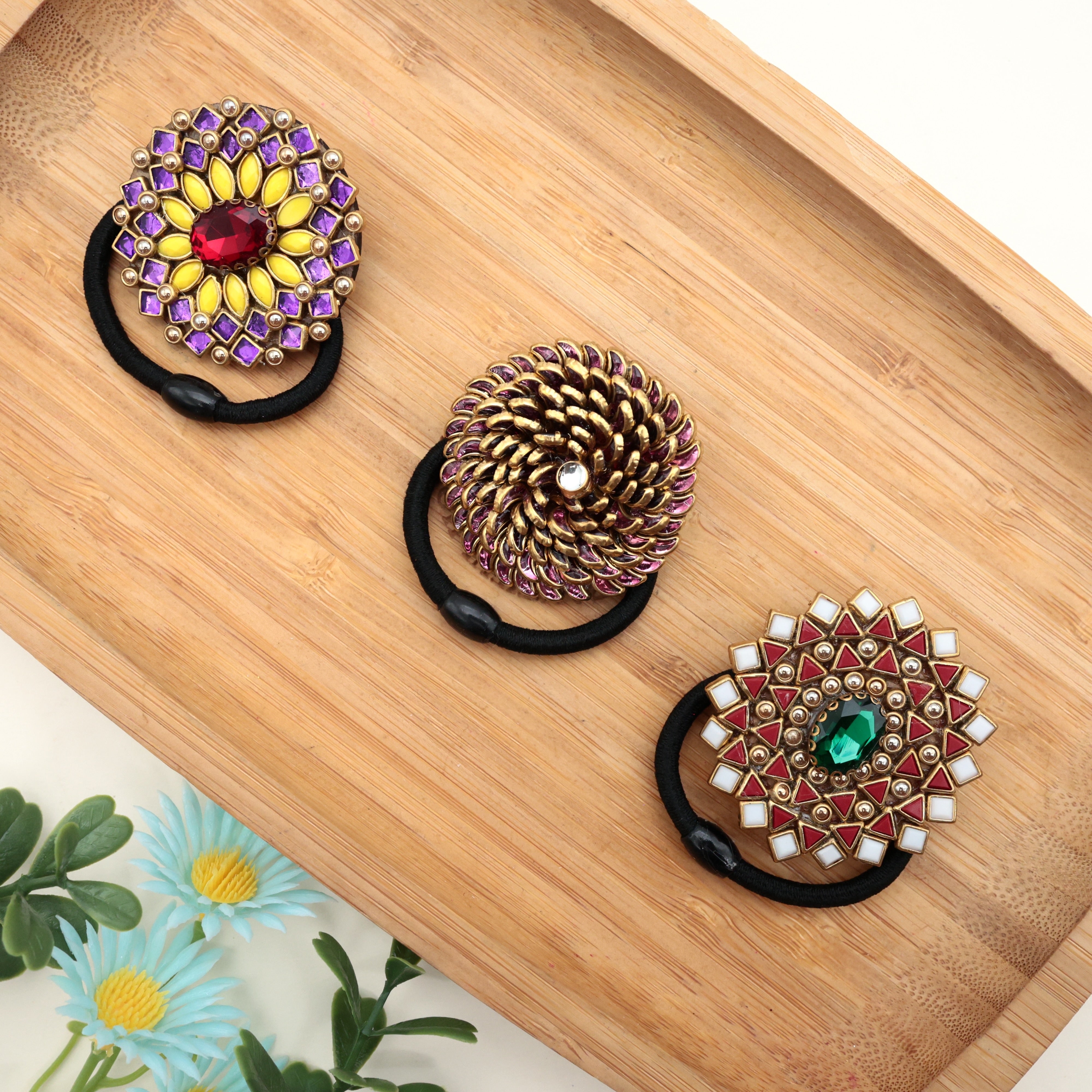 Pack of 3 Handmade Kundan Exclusive Hair Bands / Hair Ties