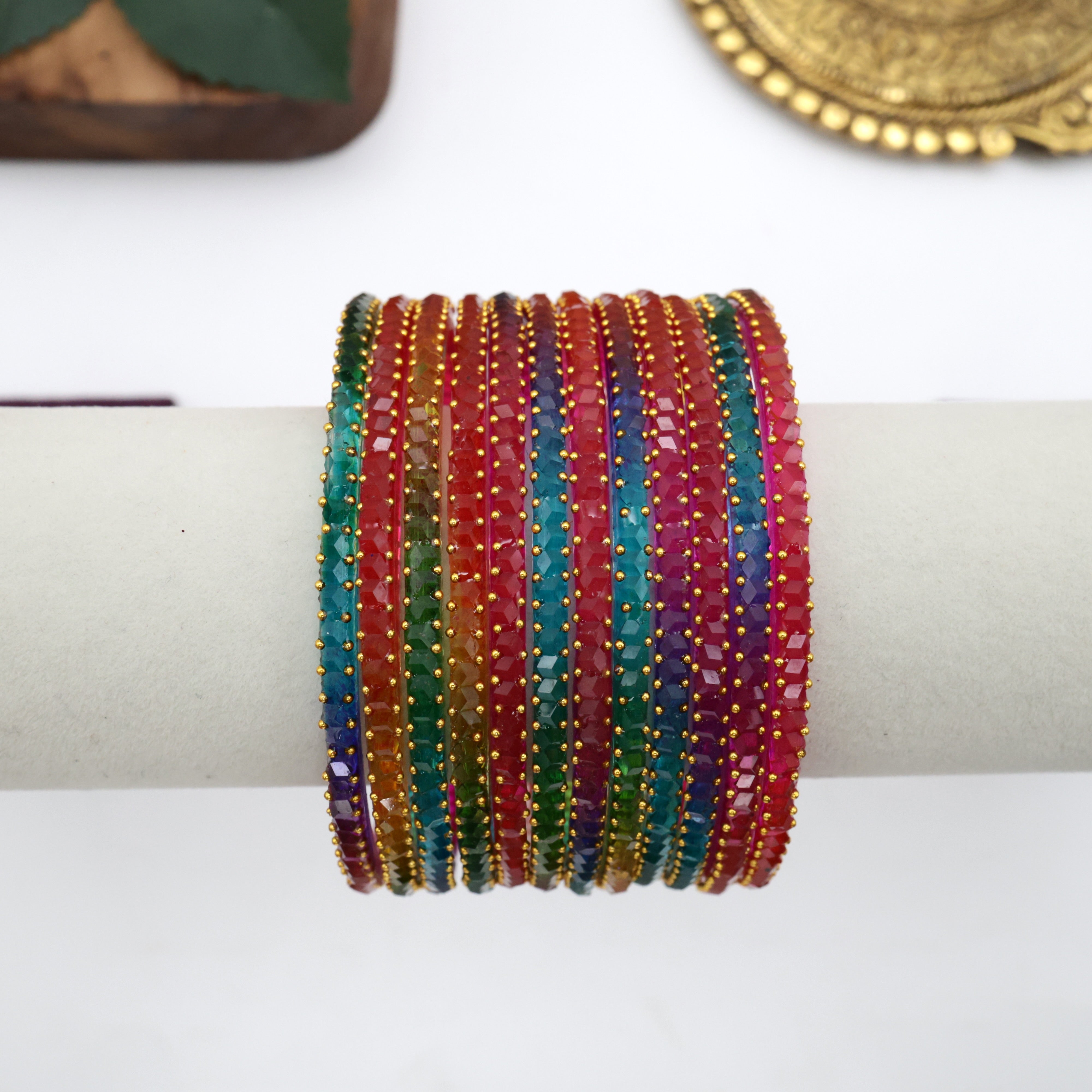 Diamond Crystal Cut Glass Bangles - Dark Multi