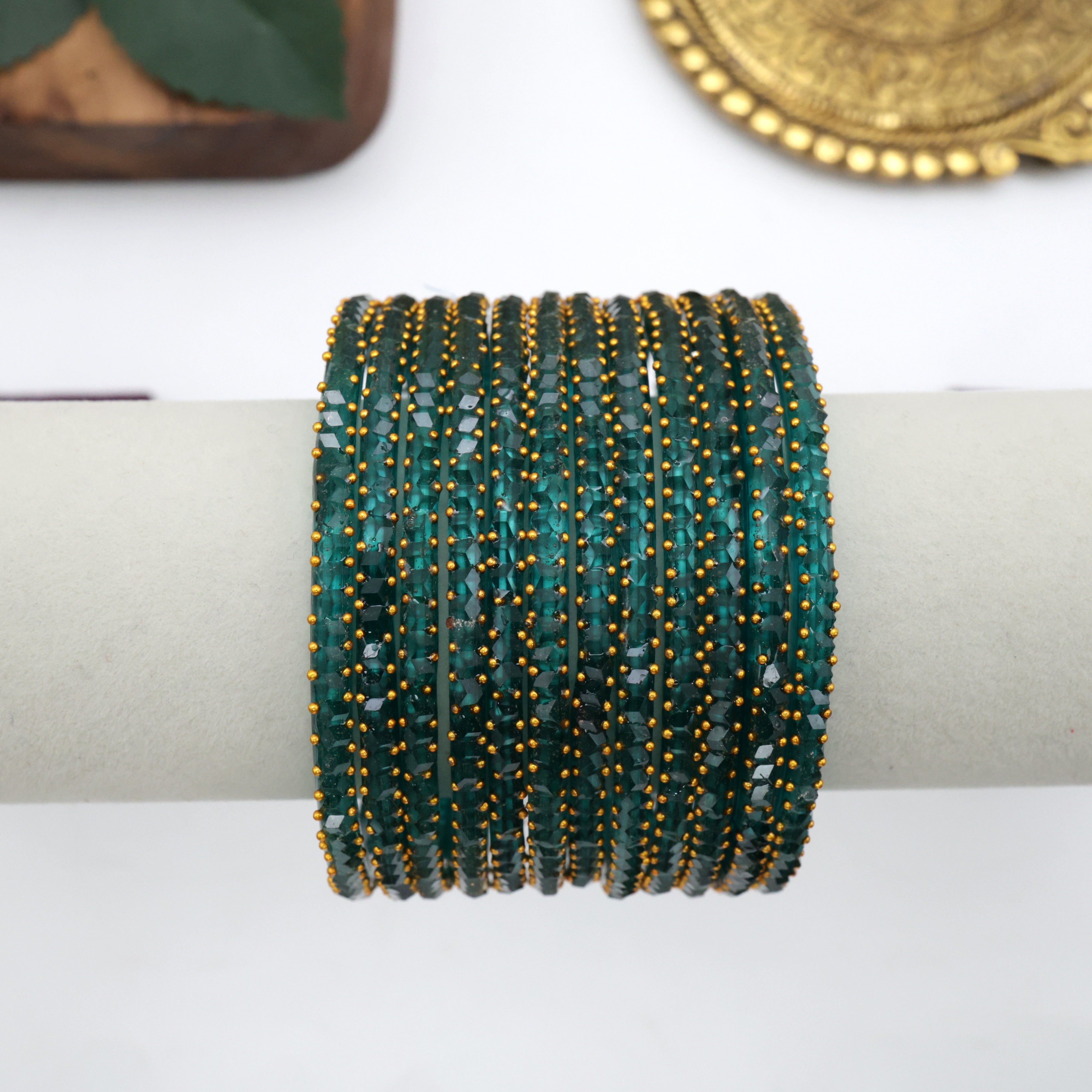 Diamond Crystal Cut Glass Bangles - Bluish Green