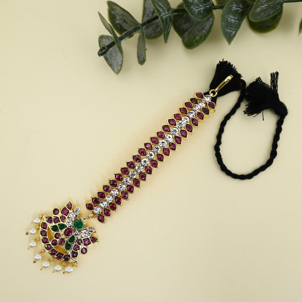 Premium Real Kemp Traditional Temple Lotus Bridal Maang Tikka/Nethichutti