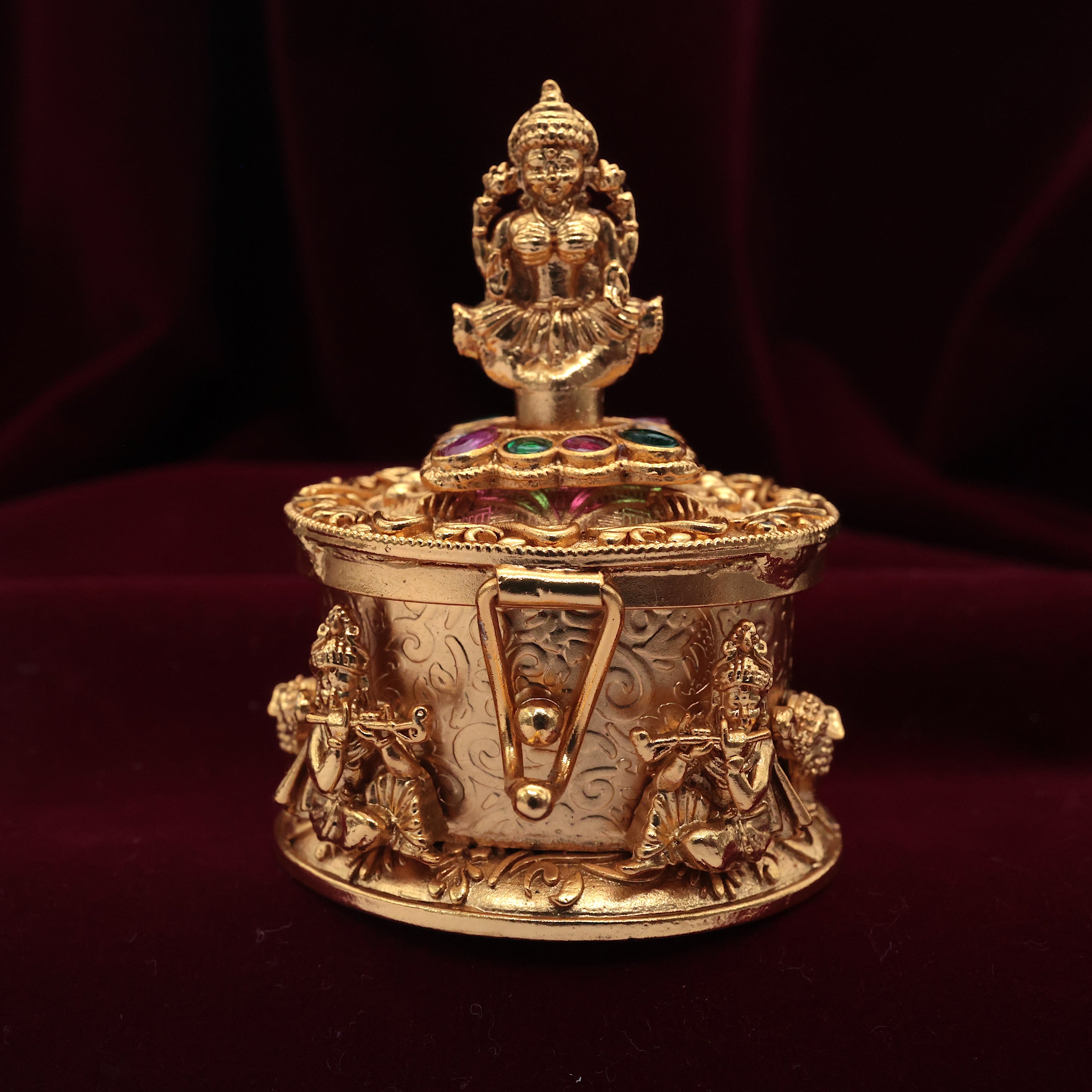 Antique Gold Krishna Lakshmi Kumkum Box - Sindoor Dabbi