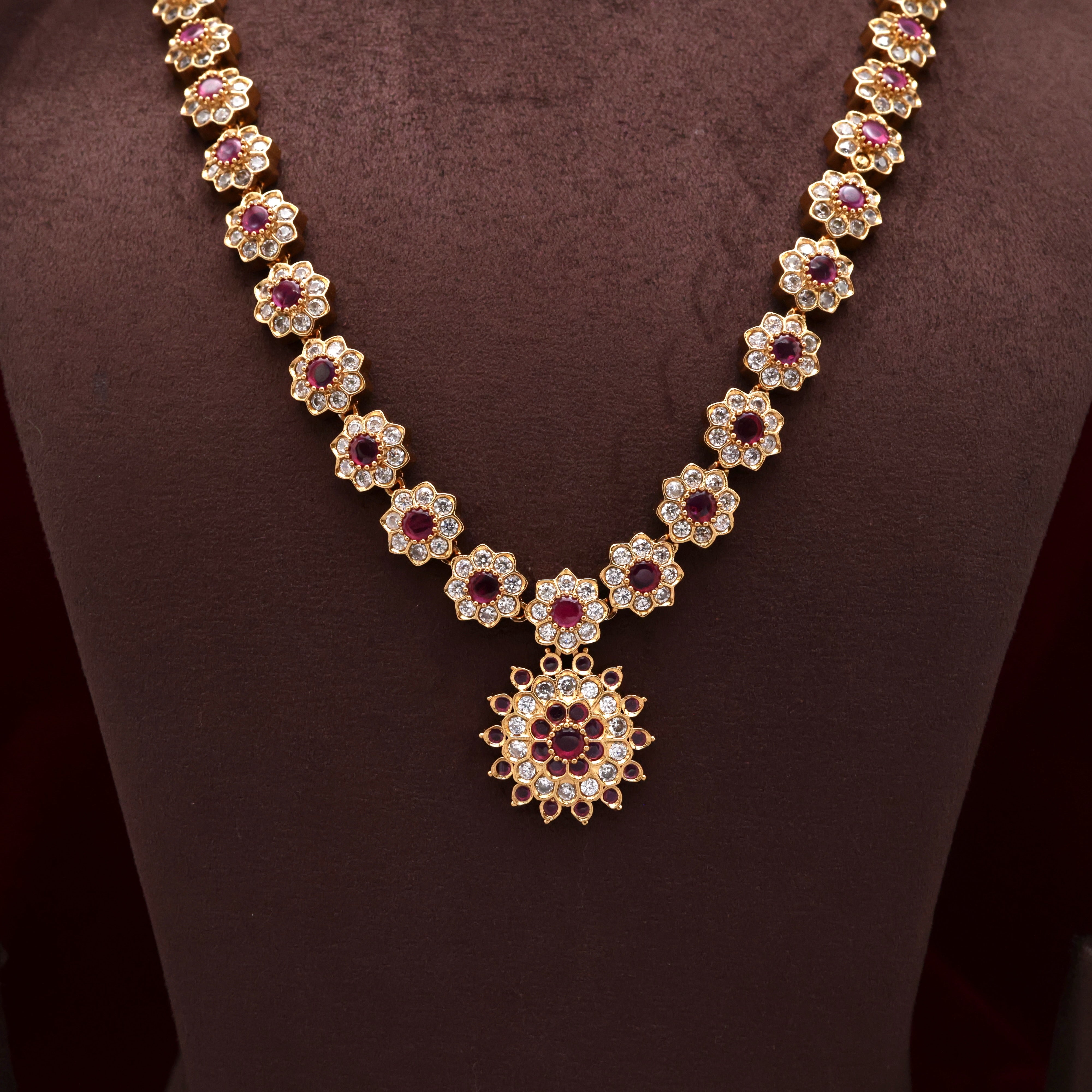 Premium AD Kemp Star Flower Bridal Vintage Style Haaram Set - White & Ruby