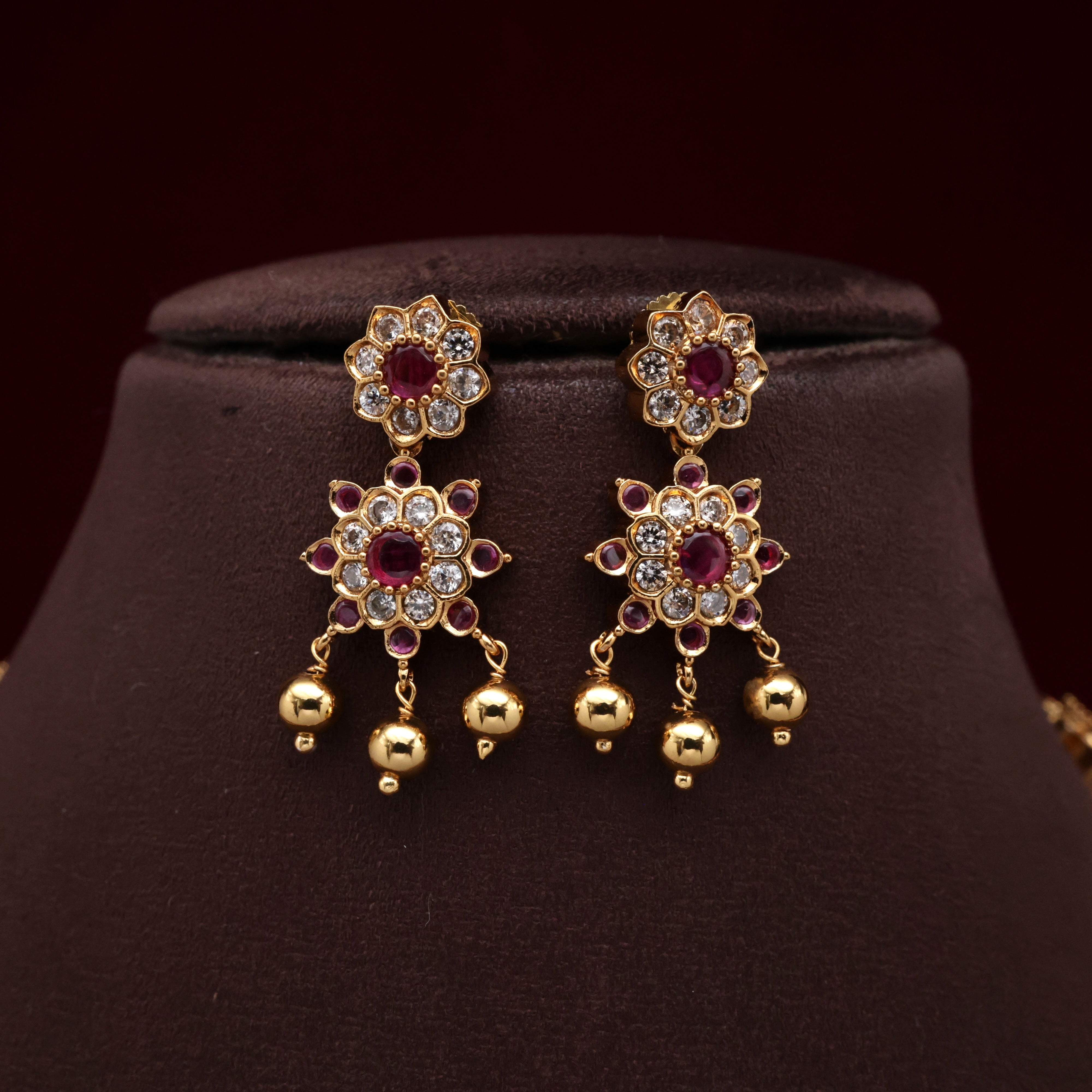 Premium AD Kemp Star Flower Bridal Vintage Style Haaram Set - White & Ruby