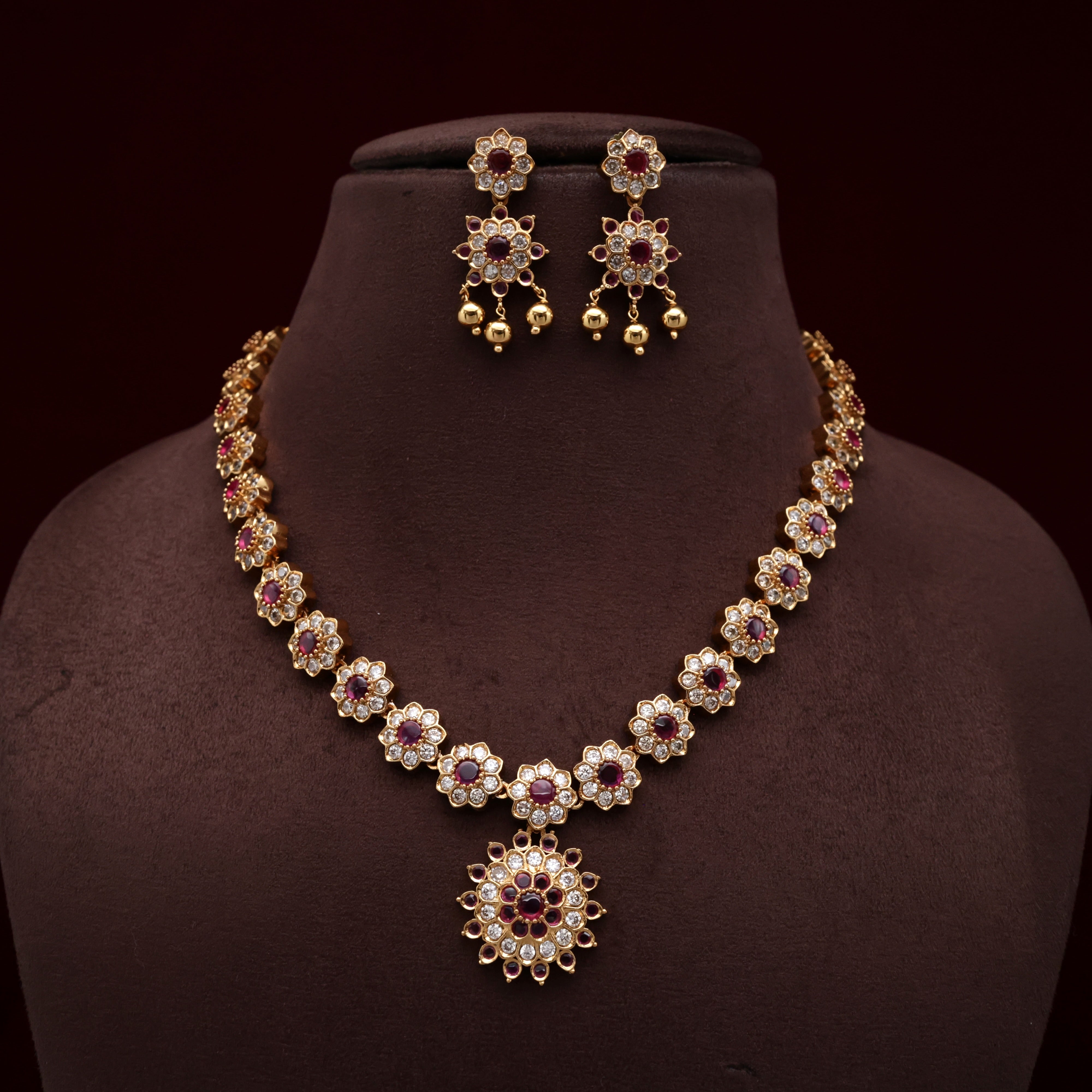 Premium AD Kemp Star Flower Bridal Vintage Style Necklace Set - White & Ruby