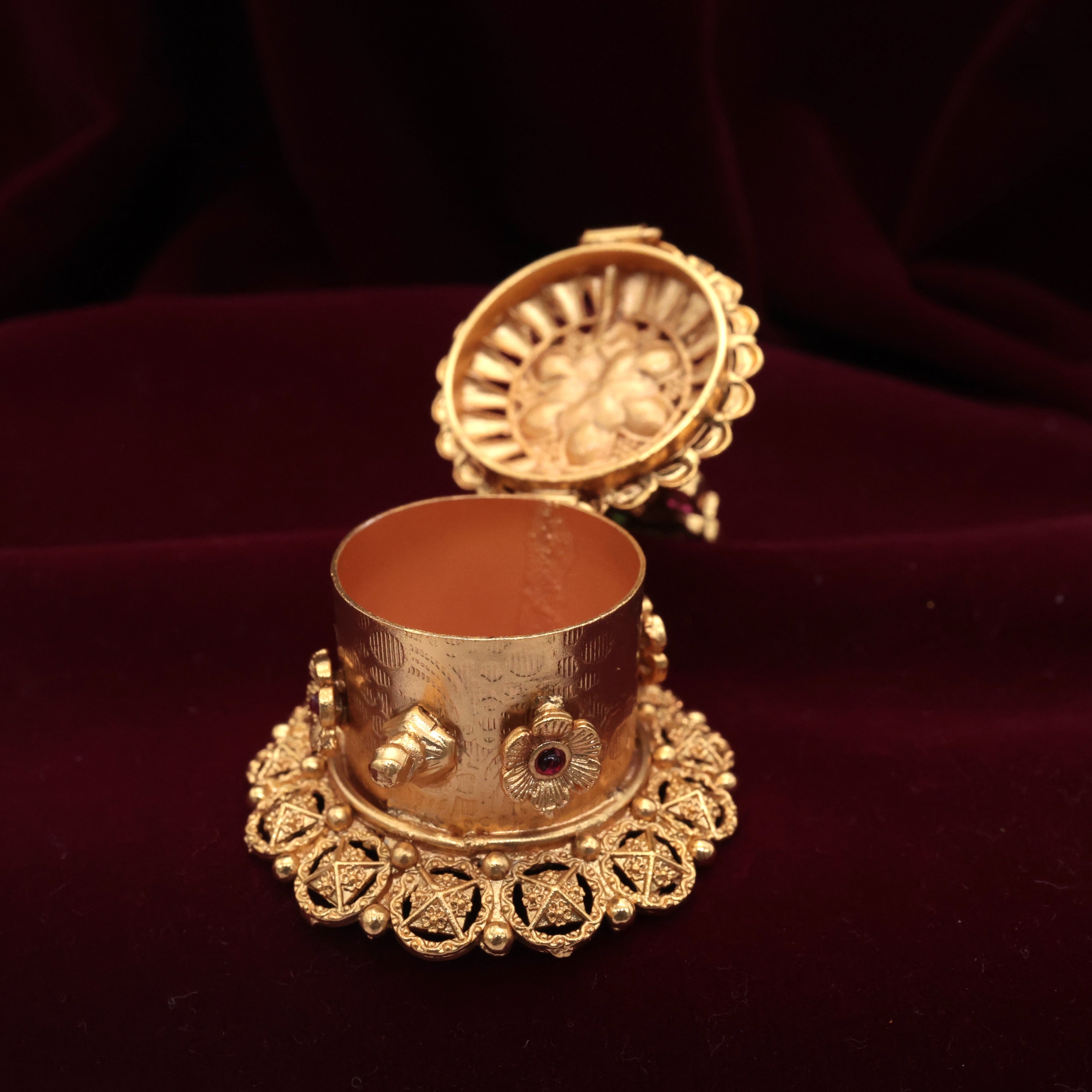 Antique Gold Flower Kemp Kumkum Box - Sindoor Dabbi