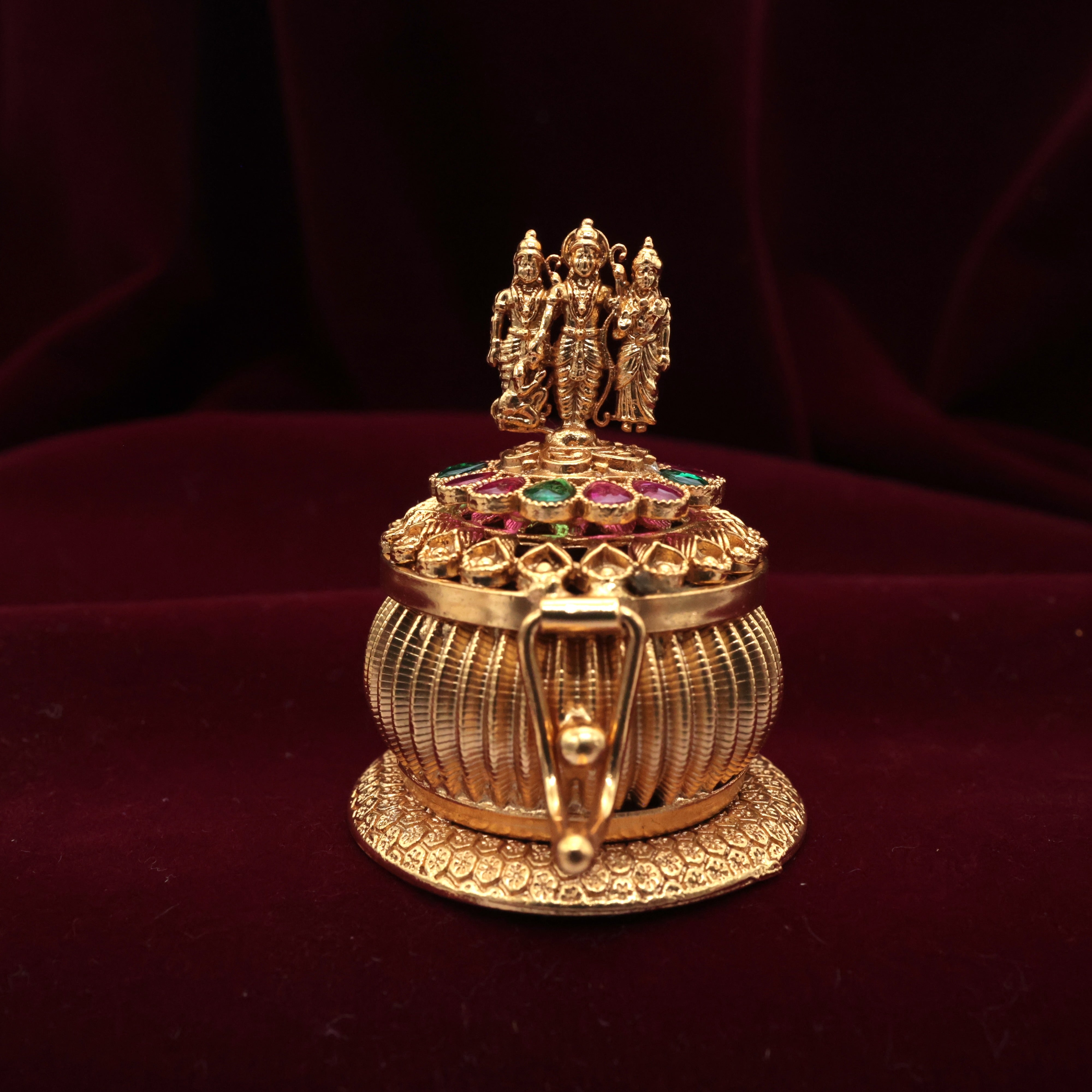 Antique Gold Round Ram Parivar Kumkum Box - Sindoor Dabbi