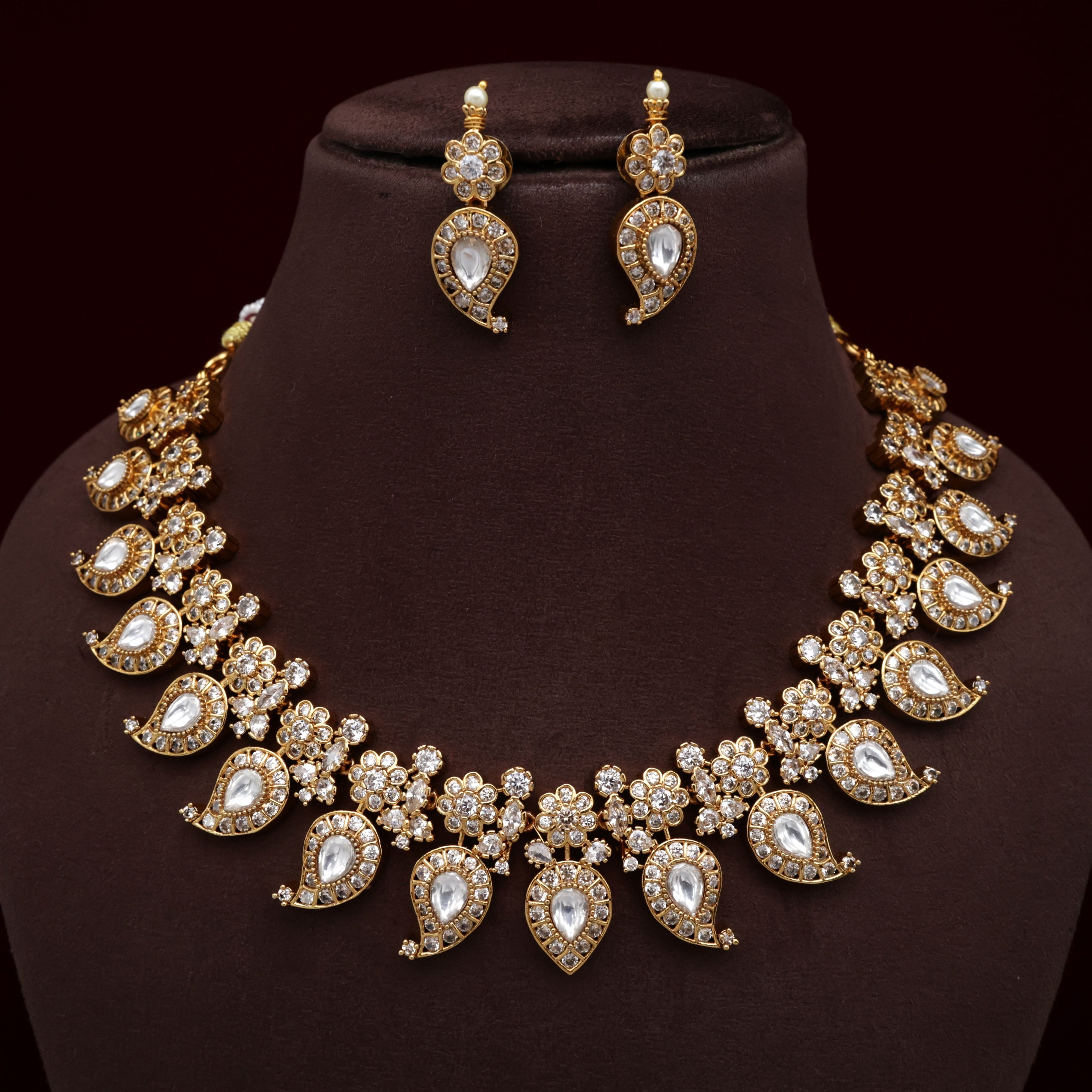 Premium AD Kundan Diamond Look Mango Bridal Necklace Set - White
