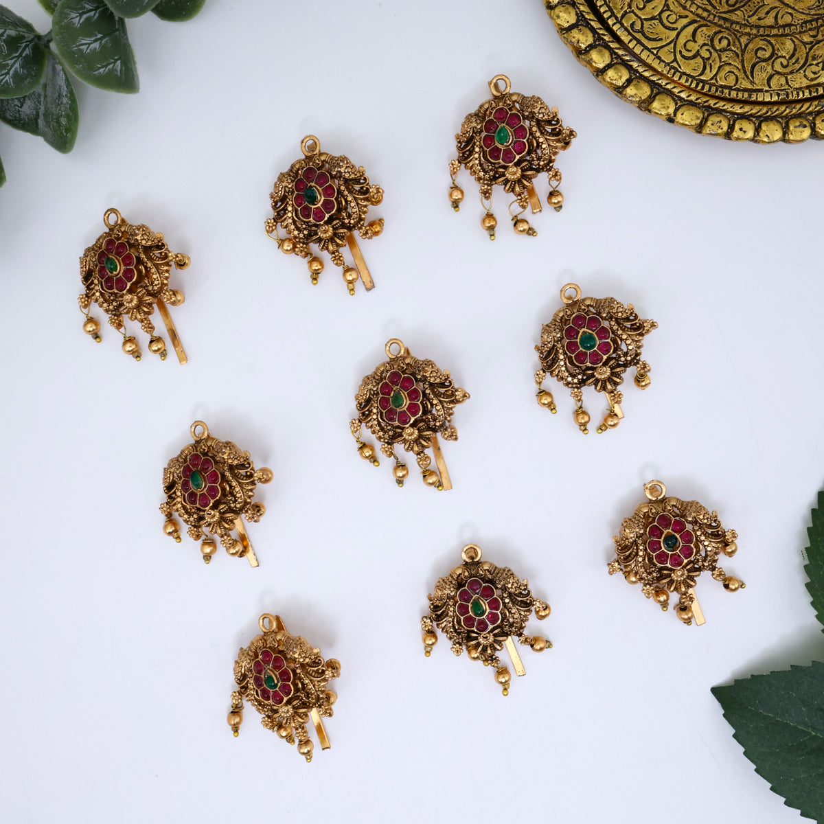 Set of 9 Antique Matte Tilak Kemp Flower Single Piece Bridal Jada Billa/Choti Set