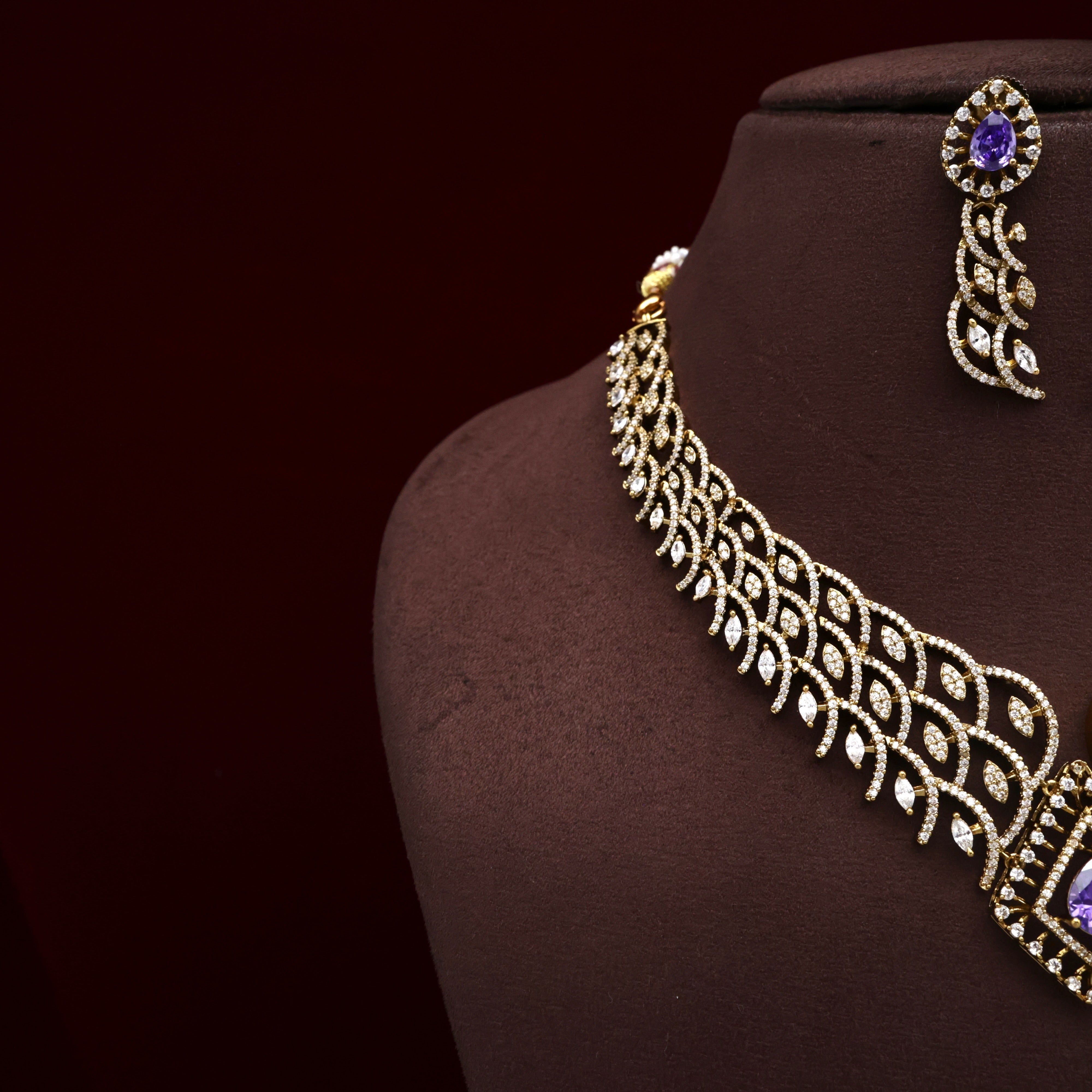 Diamond Look AD 3 Layer Bridal Necklace Set - Purple