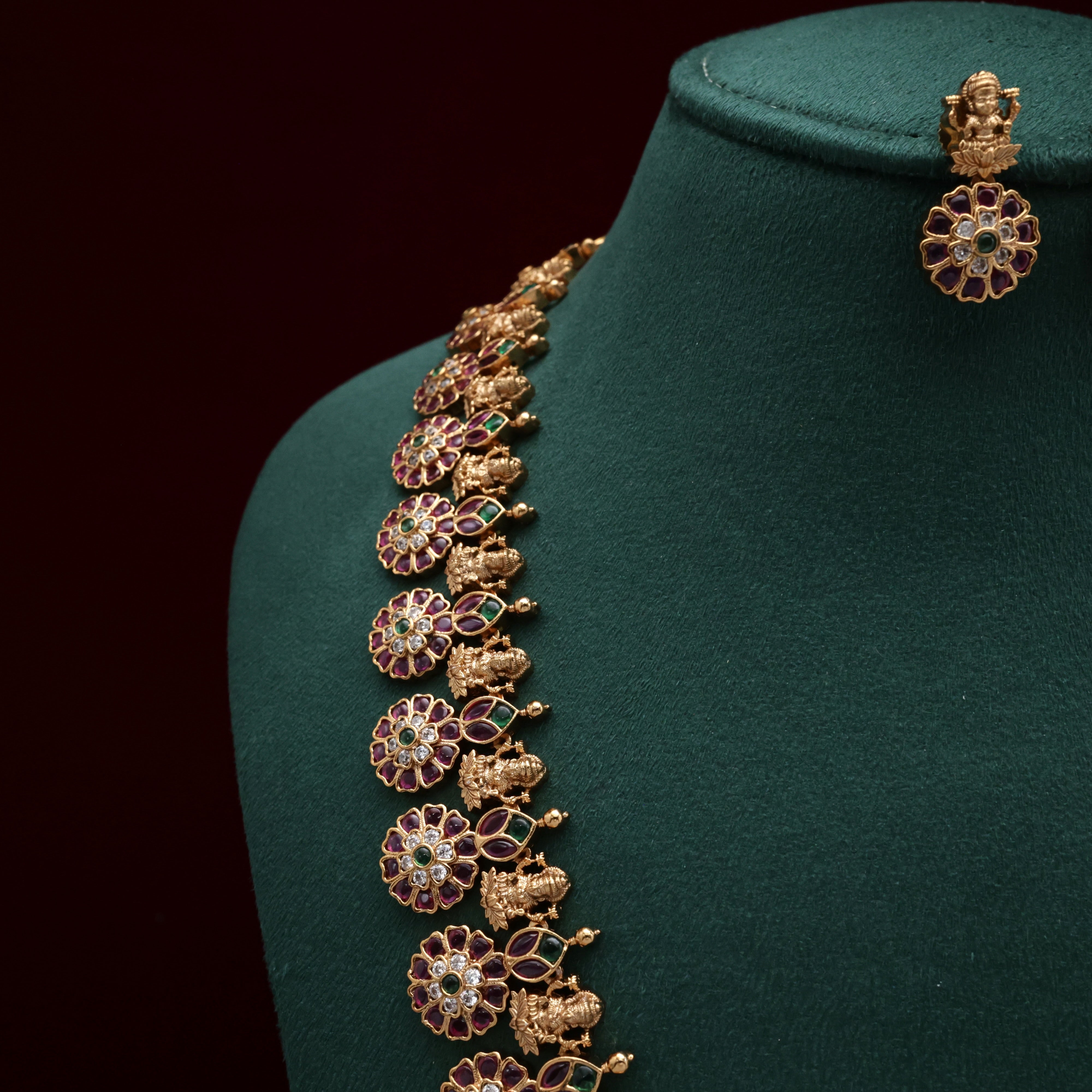Premium Antique Kemp Kundan Lakshmi Leaf Butta Bridal Haaram Set