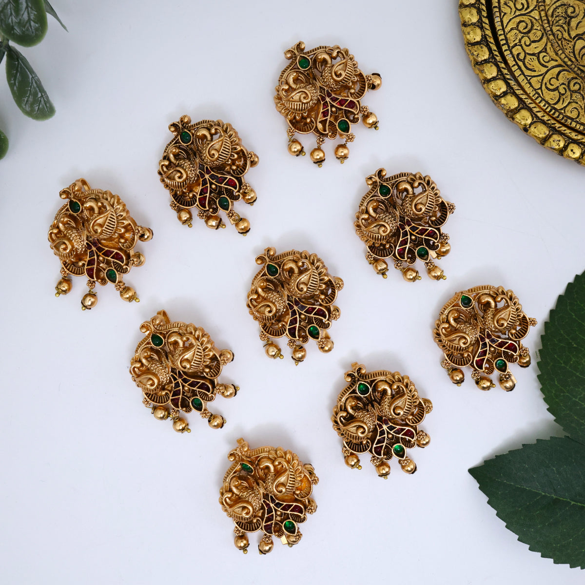 Antique Matte Rettapakshi Kemp Set of 9 Budget Friendly Single Piece Bridal Jada Billa/Choti Set