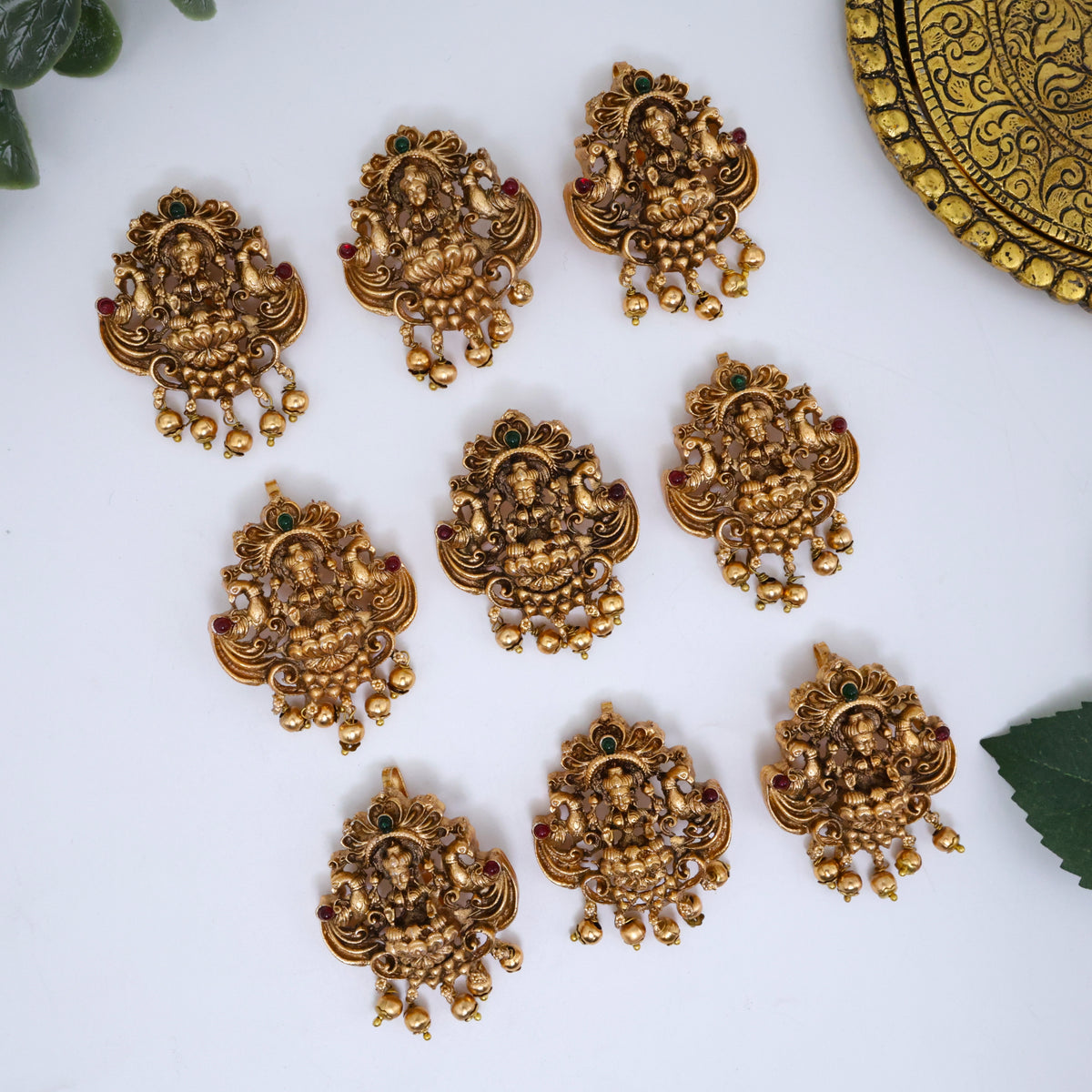 Set of 9 Antique Matte Peacock Lakshmi Devi Single Piece Bridal Jada Billa/Choti Set