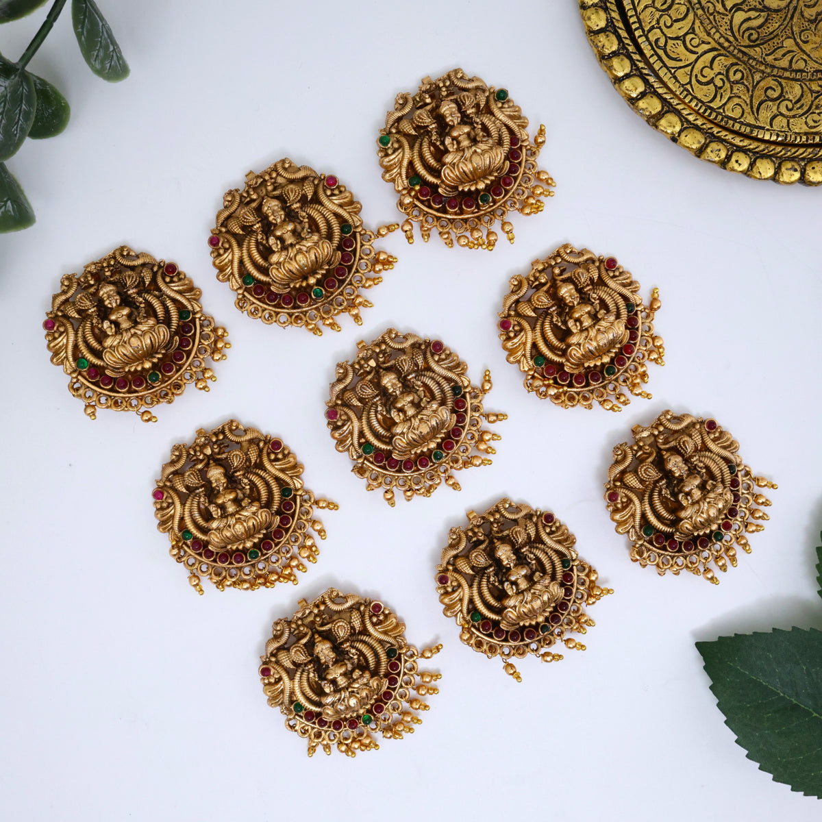 Set of 9 Antique Matte Lakshmi Devi Single Piece Bridal Jada Billa/Choti Set