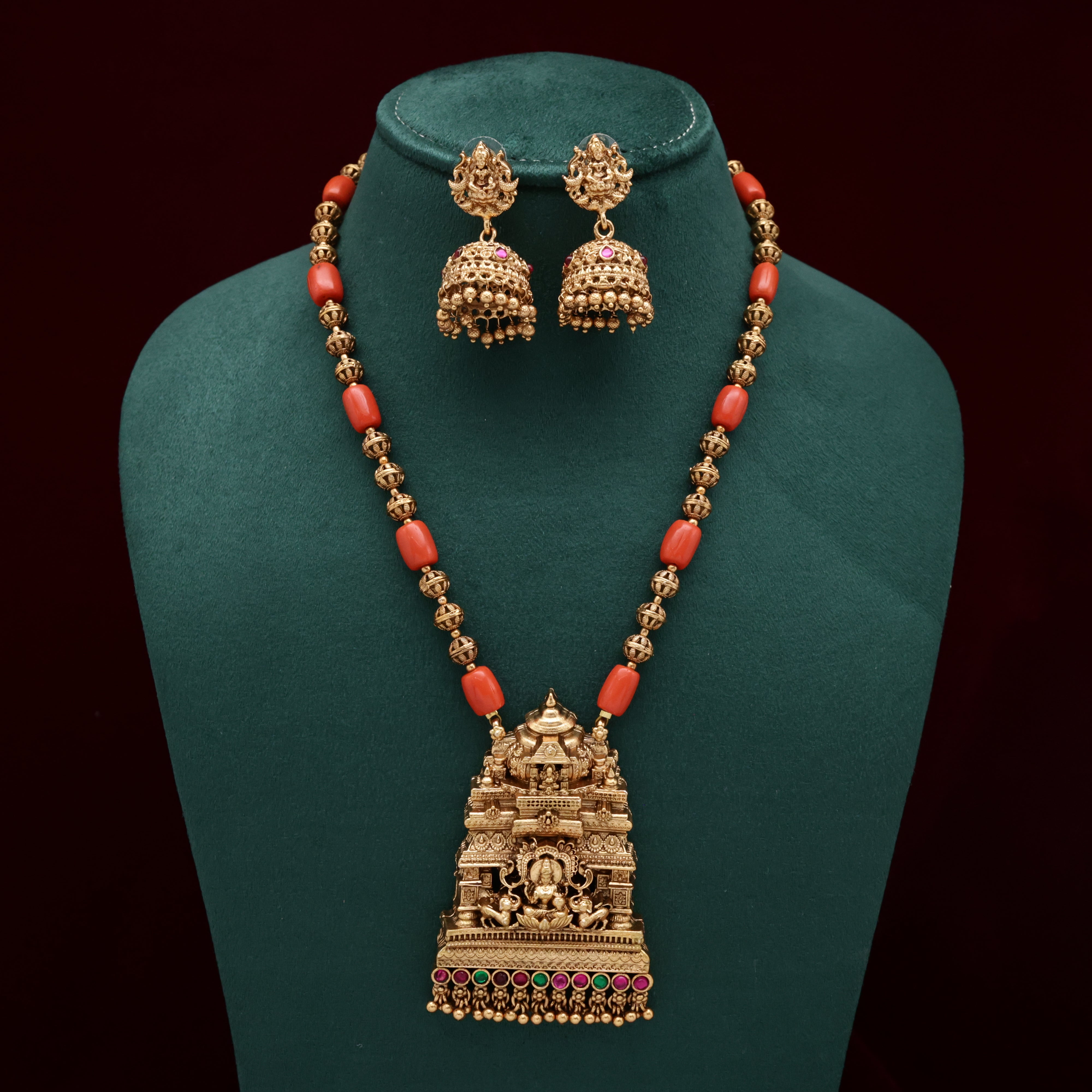 Antique Matte Mahalakshmi Devi Rajagopuram Pendant Coral Necklace Set