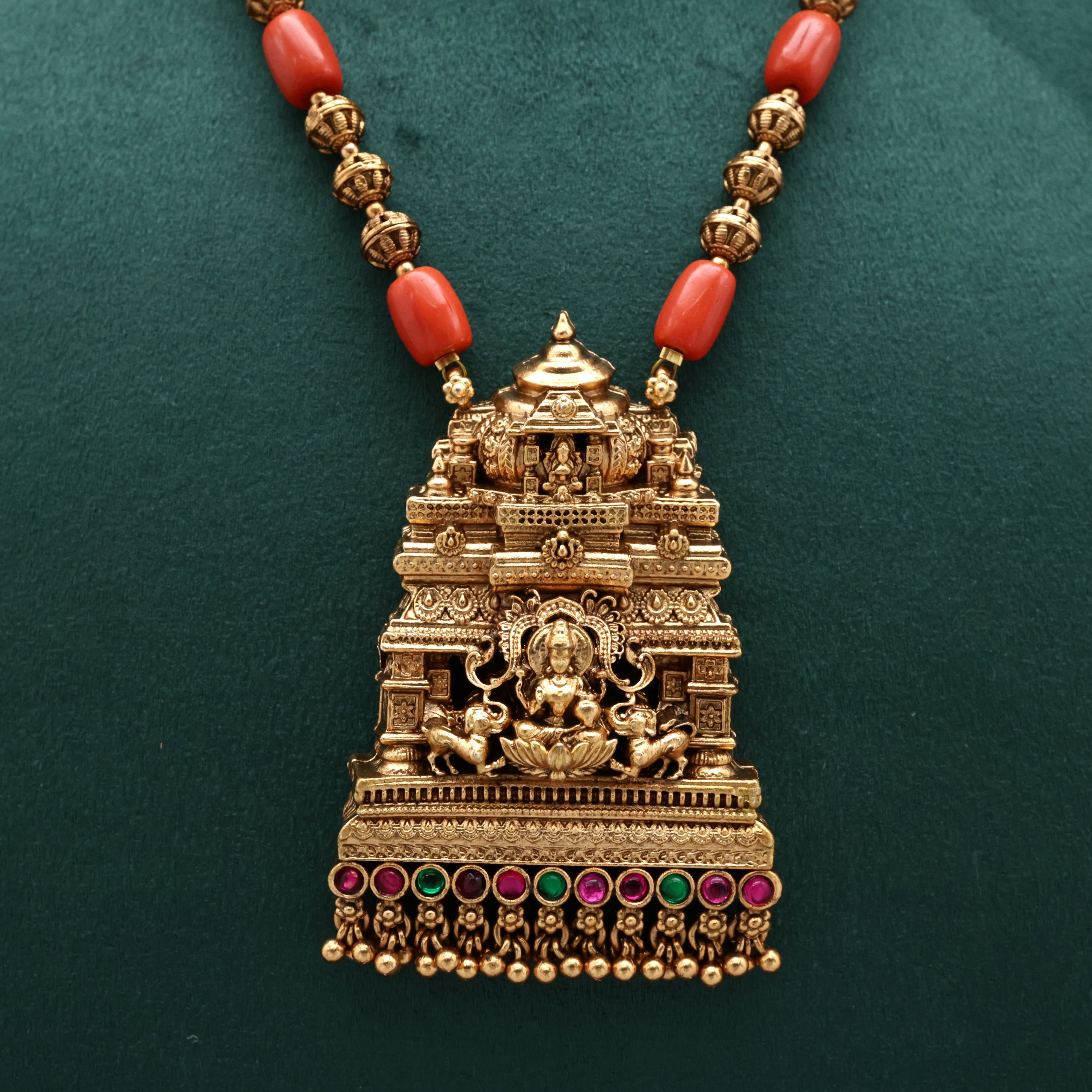 Antique Matte Mahalakshmi Devi Rajagopuram Pendant Coral Necklace Set