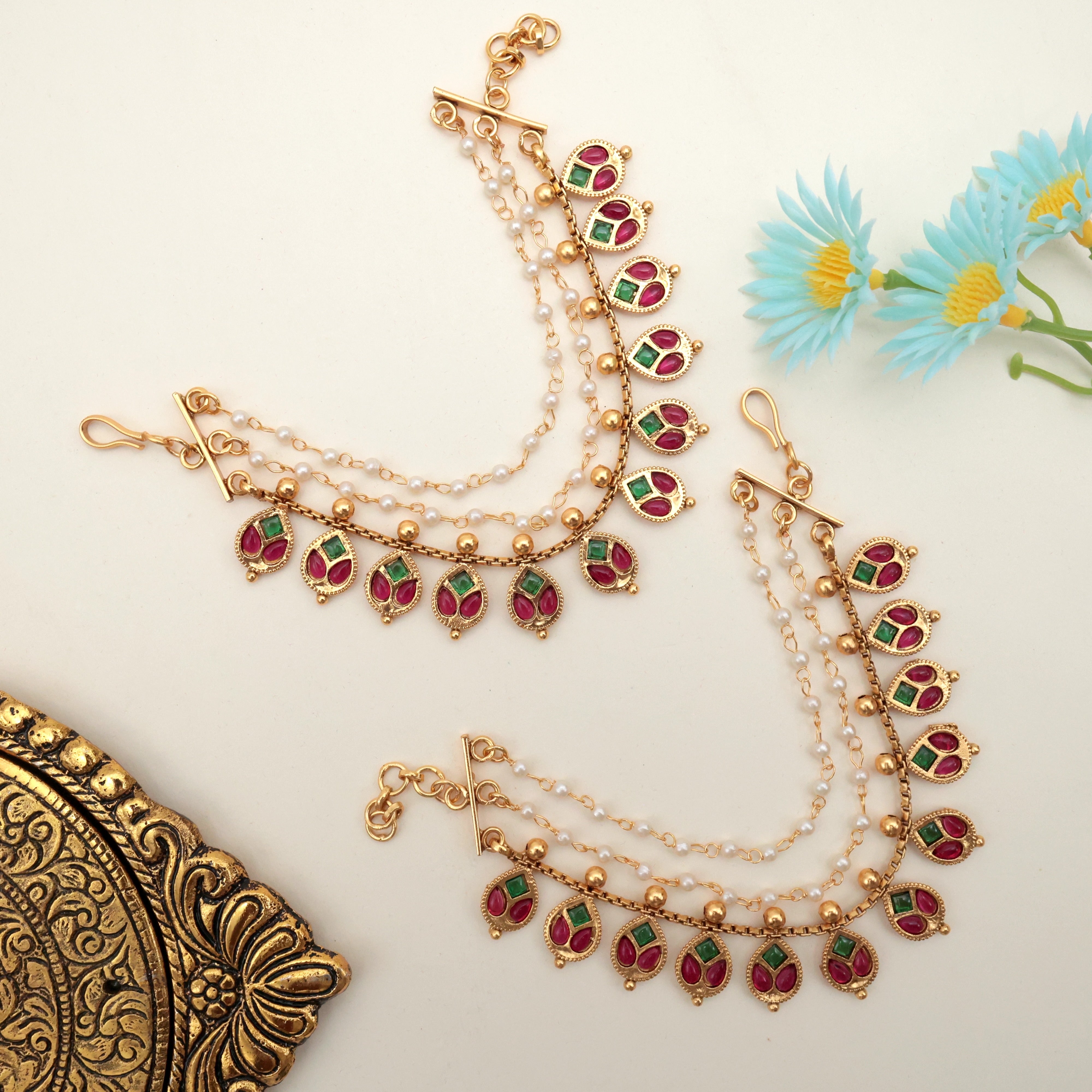 3 Line Kemp Thilak Ear Chain / Maatal