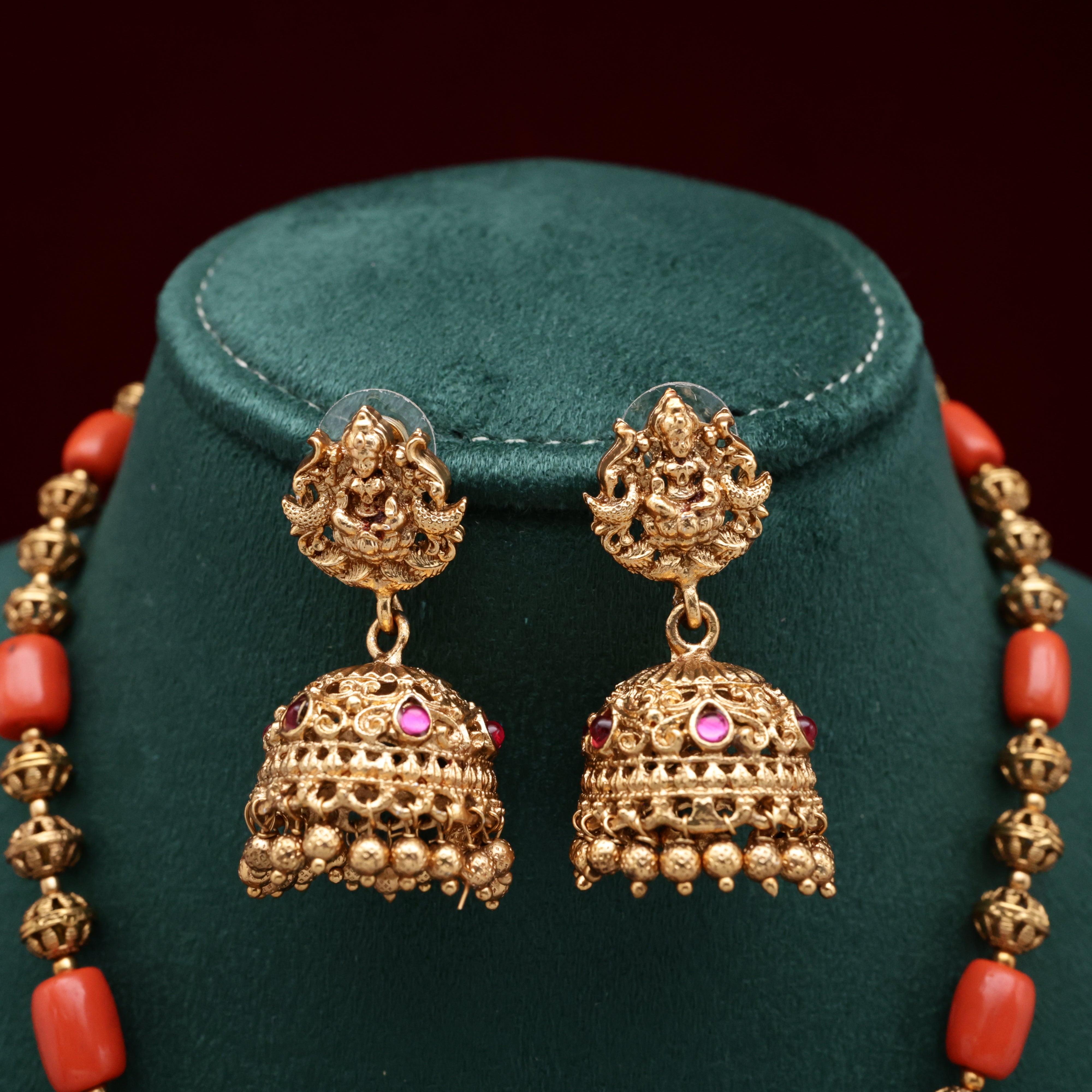 Antique Matte Mahalakshmi Devi Rajagopuram Pendant Coral Necklace Set