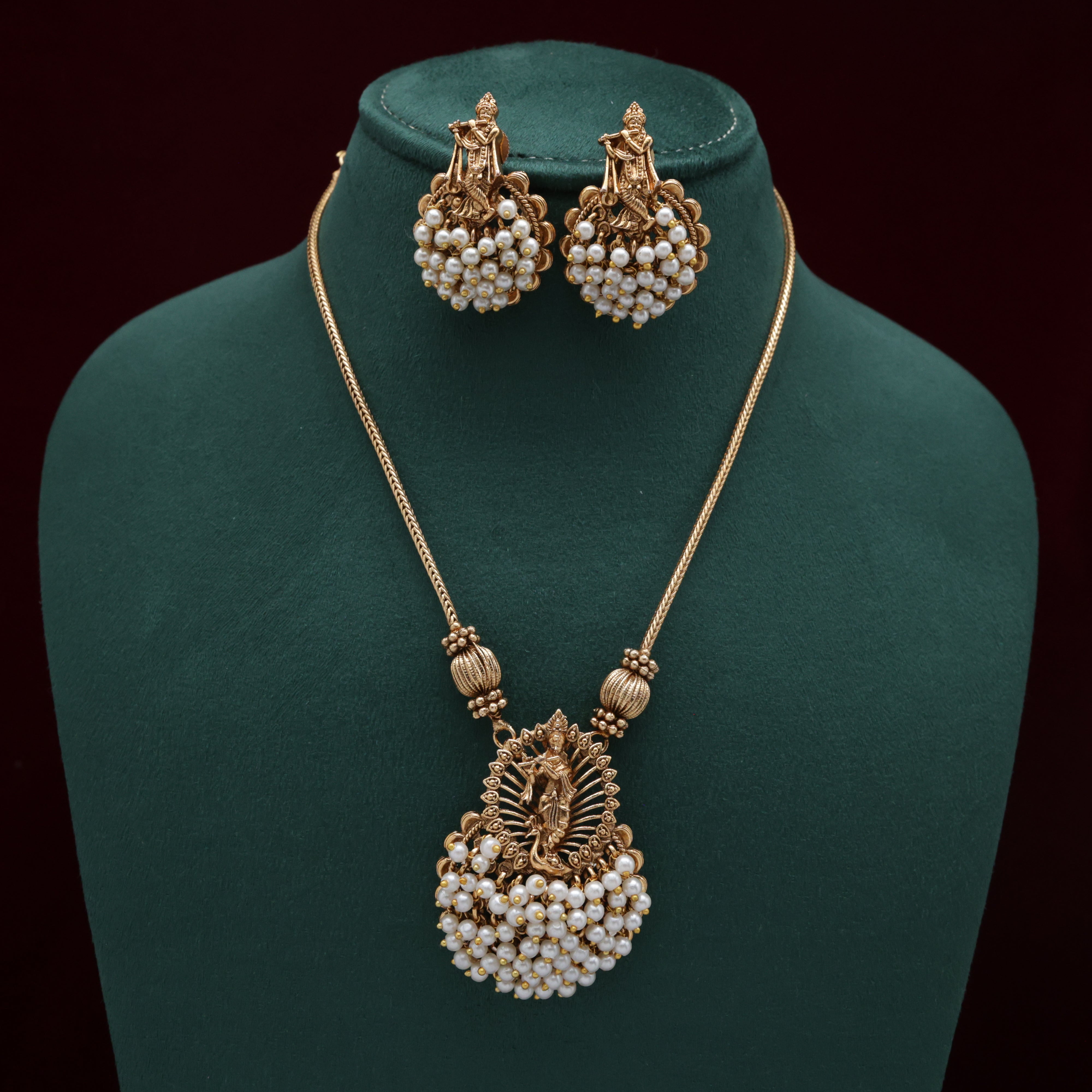 Lord Krishna Bunch Beads Divine Pendant Necklace Set - White