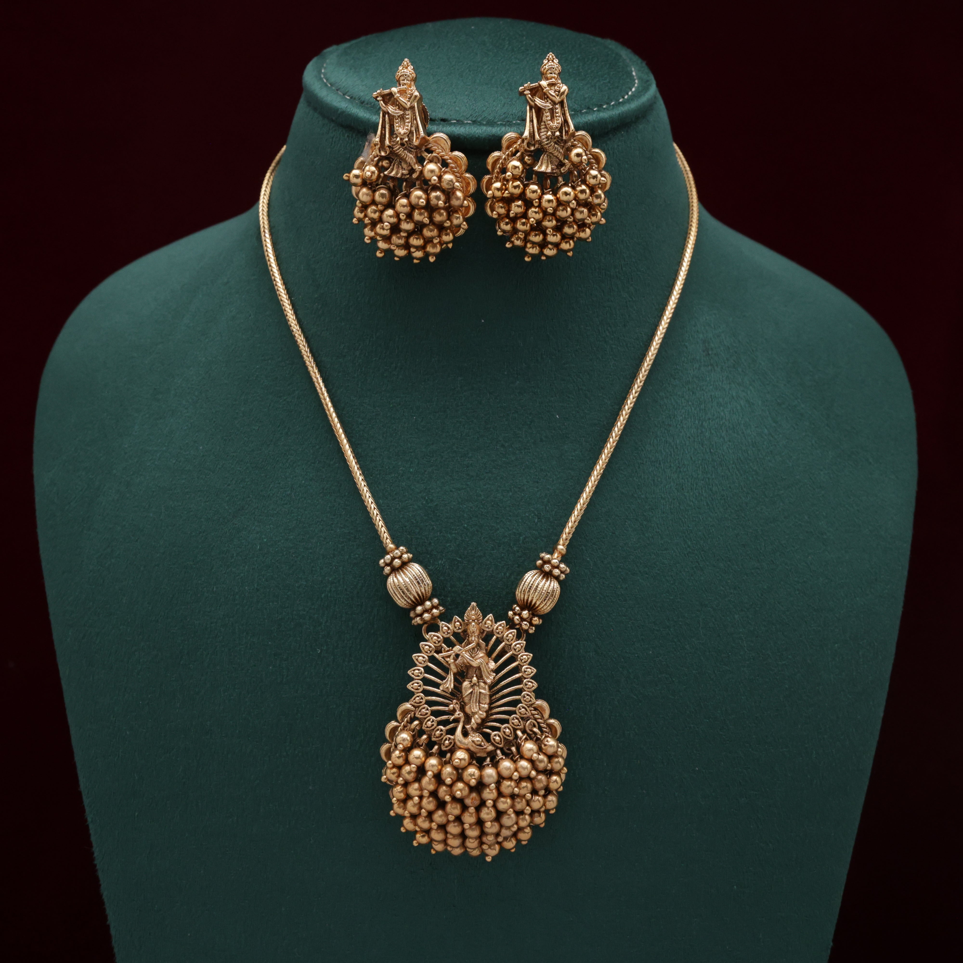 Lord Krishna Bunch Beads Divine Pendant Necklace Set - Gold