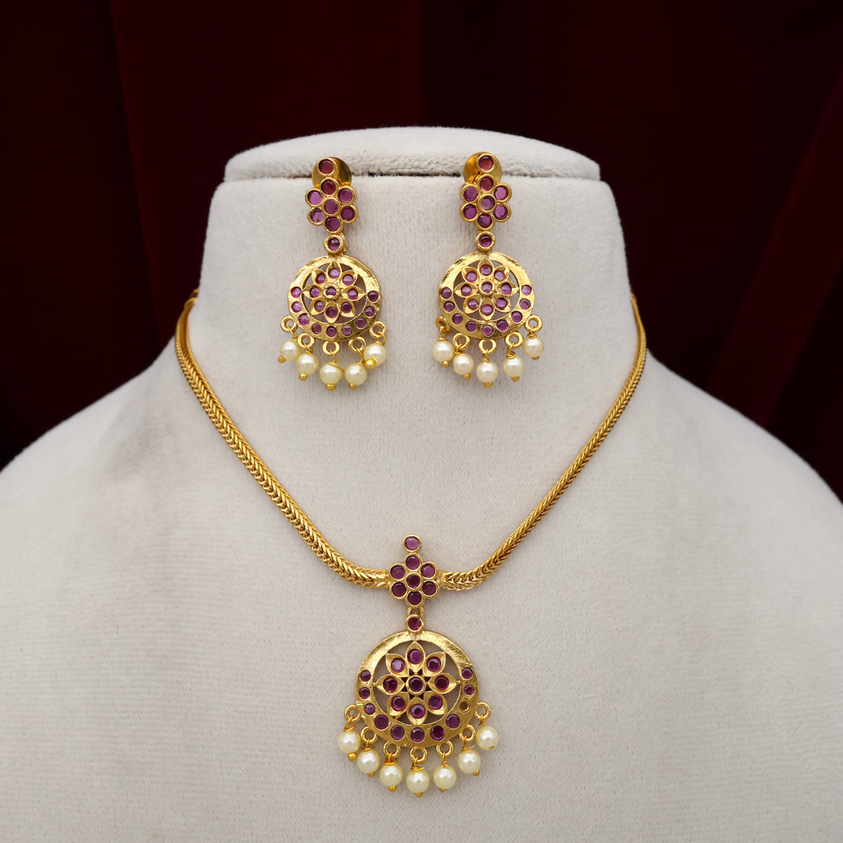 Gold Look Single Stone Pendant Attigai Necklace Set - Ruby