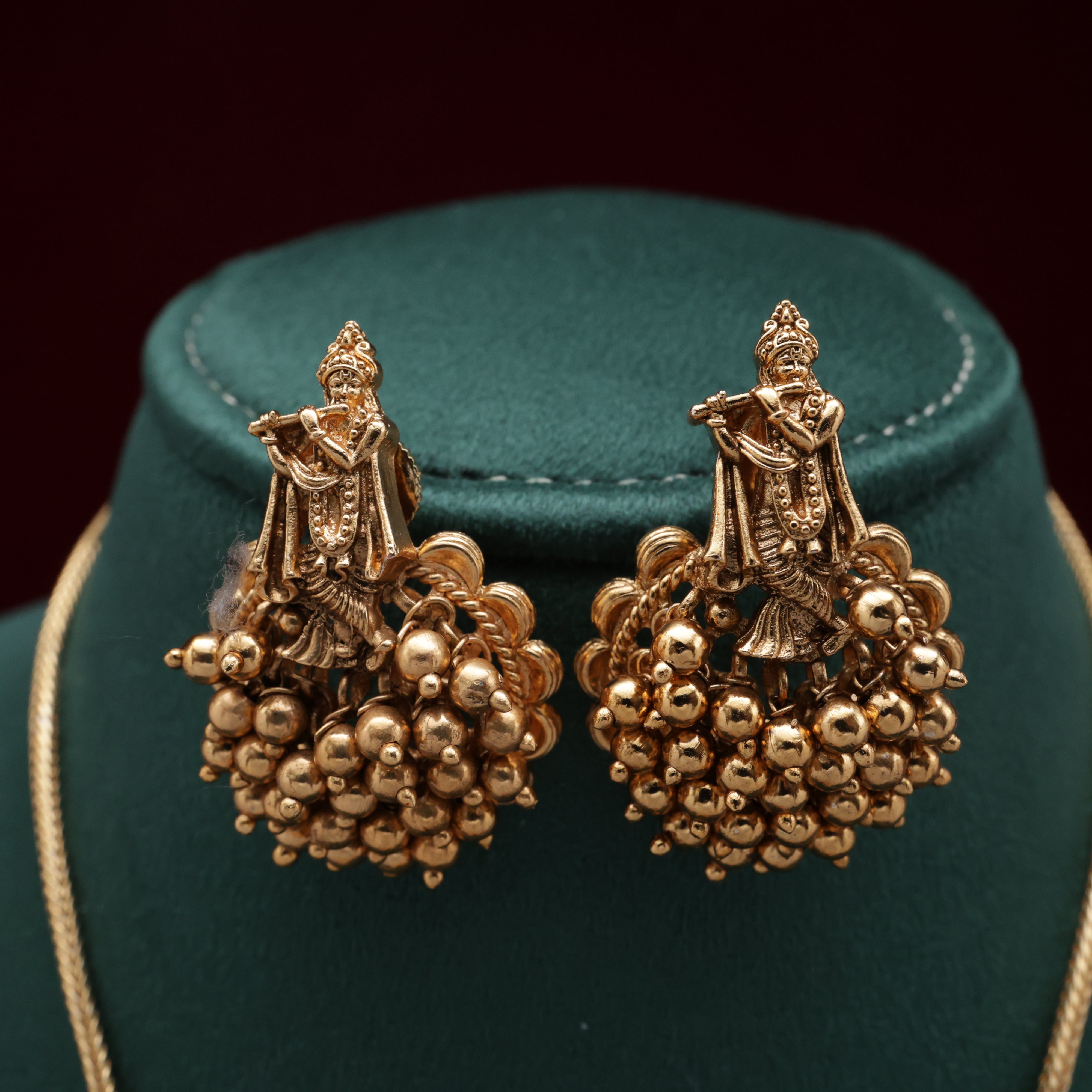 Lord Krishna Bunch Beads Divine Pendant Necklace Set - Gold