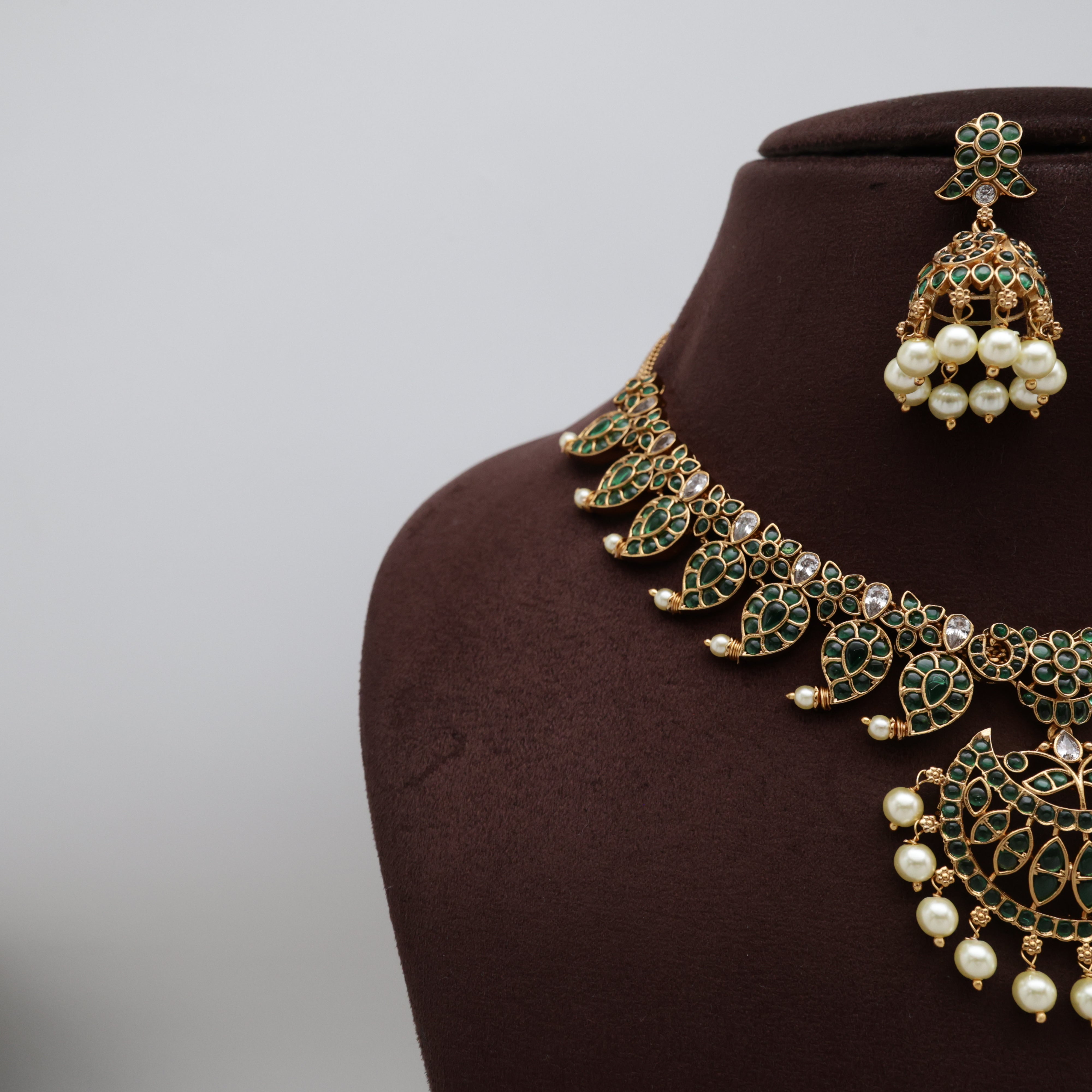 Premium Kemp Mango Chaand Bridal Necklace Set - Green & White