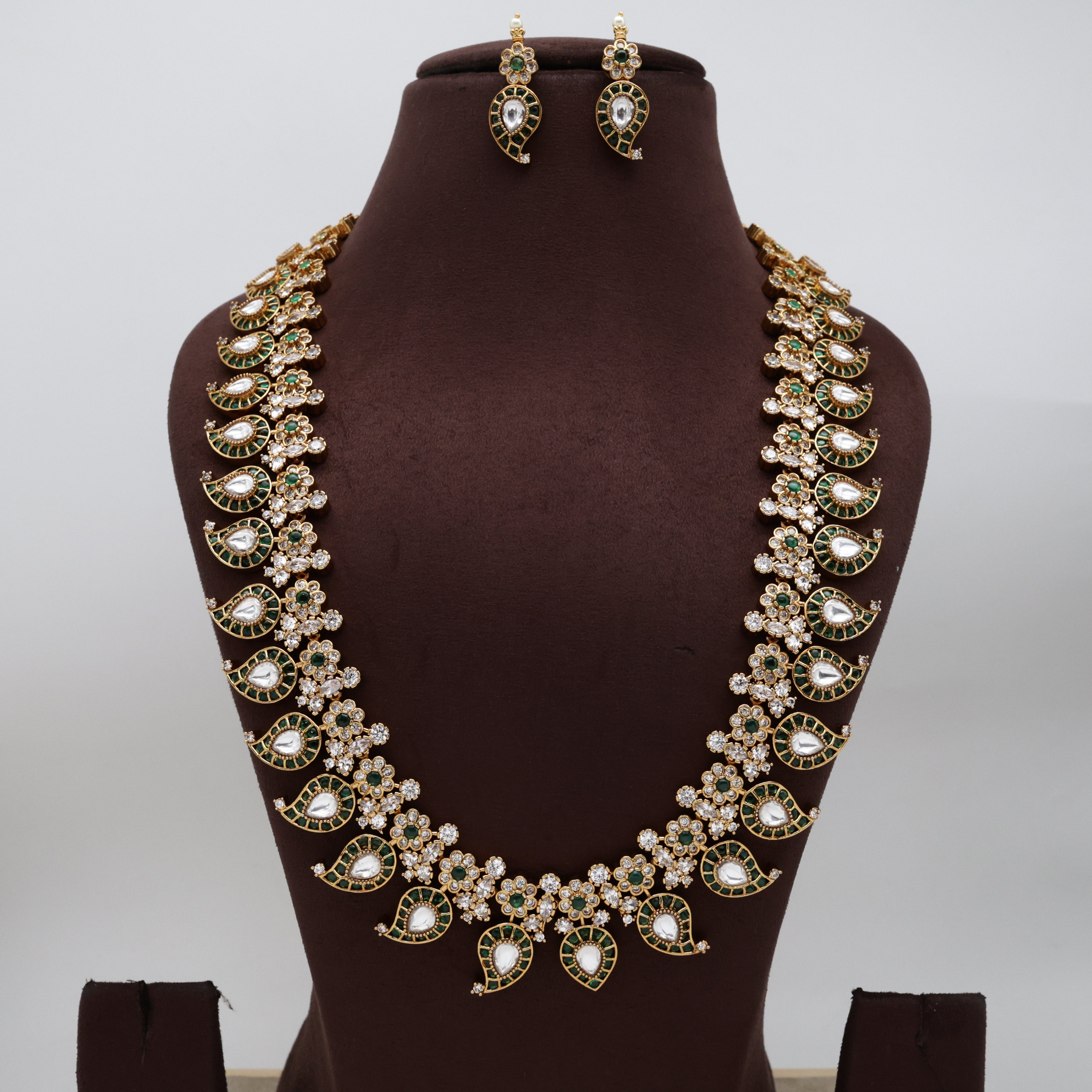 Premium AD Kemp Kundan Bridal Mango Haaram Set - Green & White