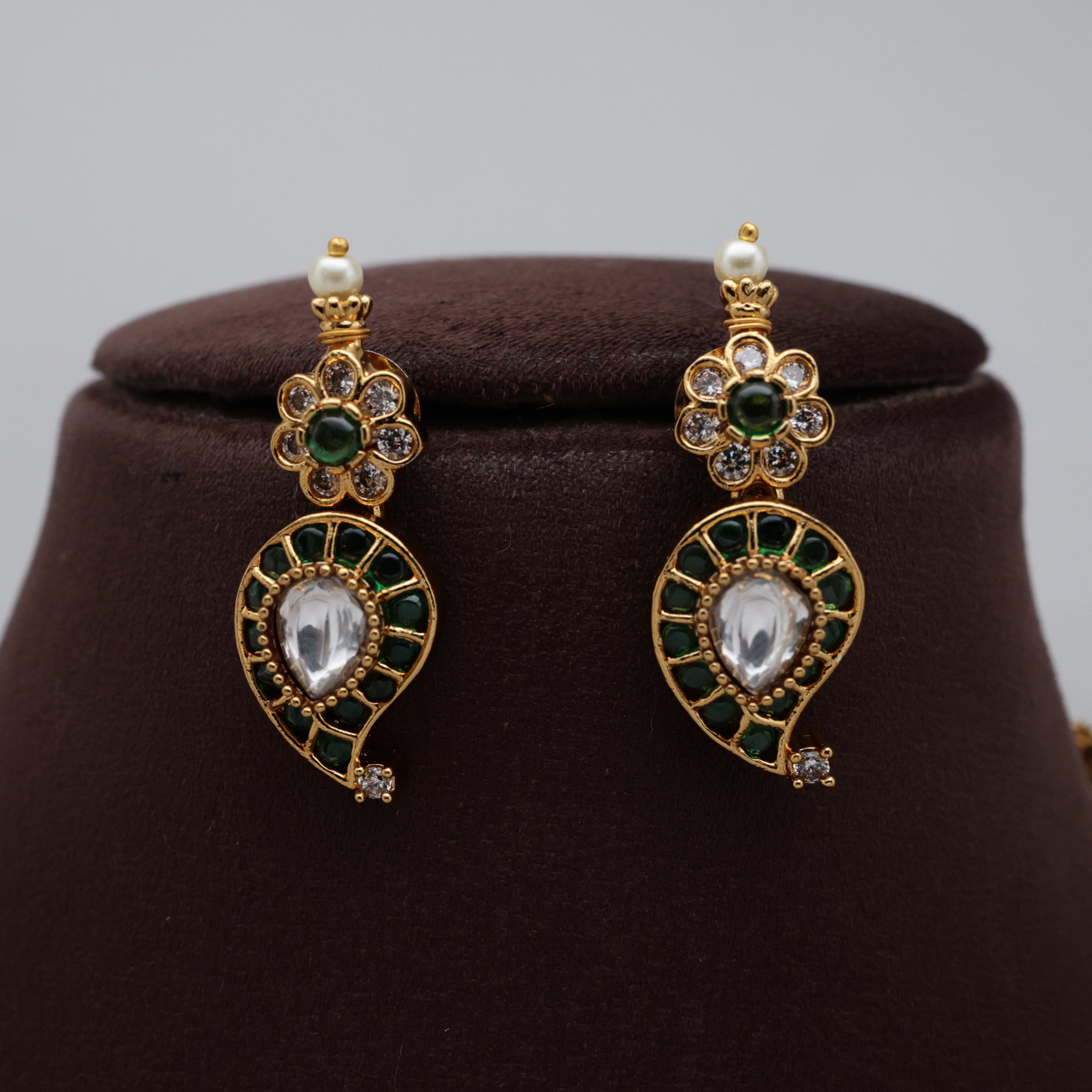 Premium AD Kemp Kundan Bridal Mango Haaram Set - Green & White