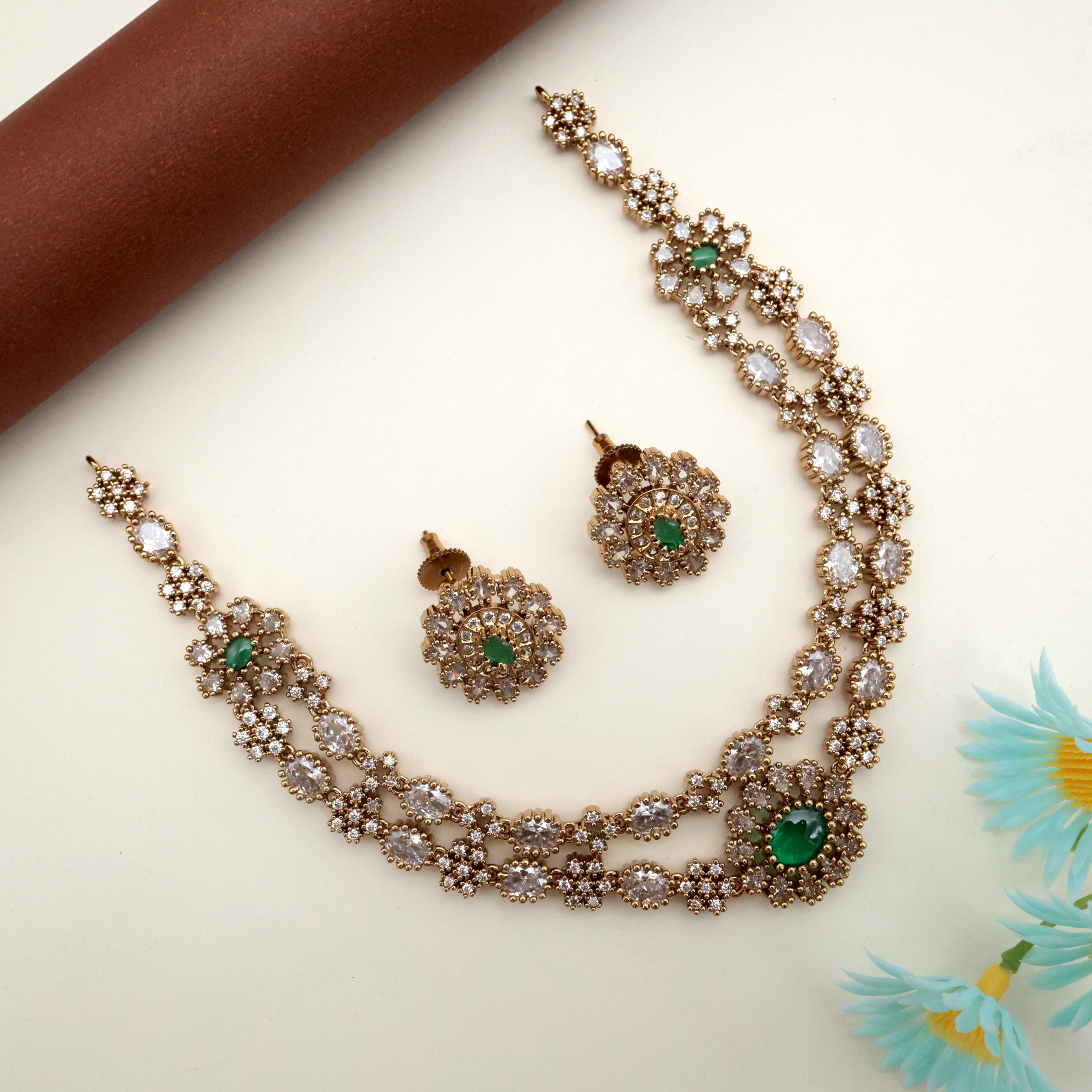 TWO LAYER AD VICTORIAN NECKLACE SET - DARK GREEN