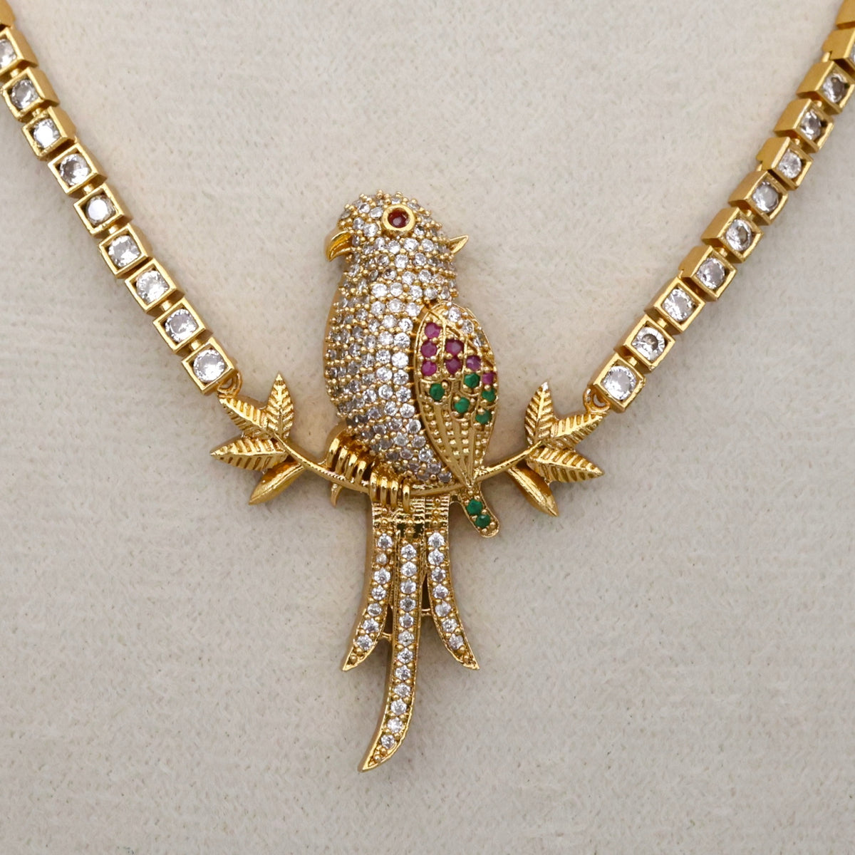 Diamond Look Antique Parrot On A Branch Kids Friendly Necklace Set