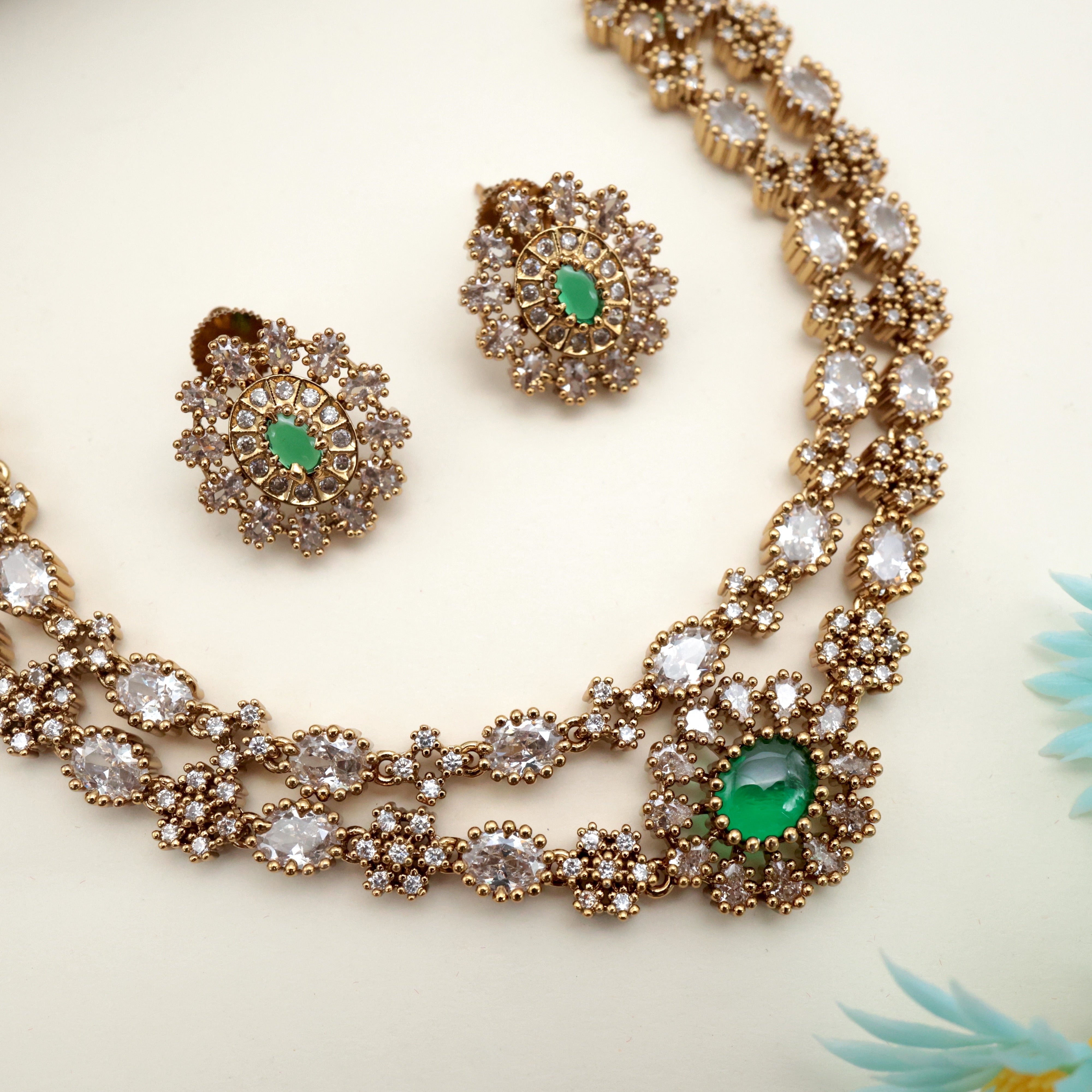 TWO LAYER AD VICTORIAN NECKLACE SET - DARK GREEN