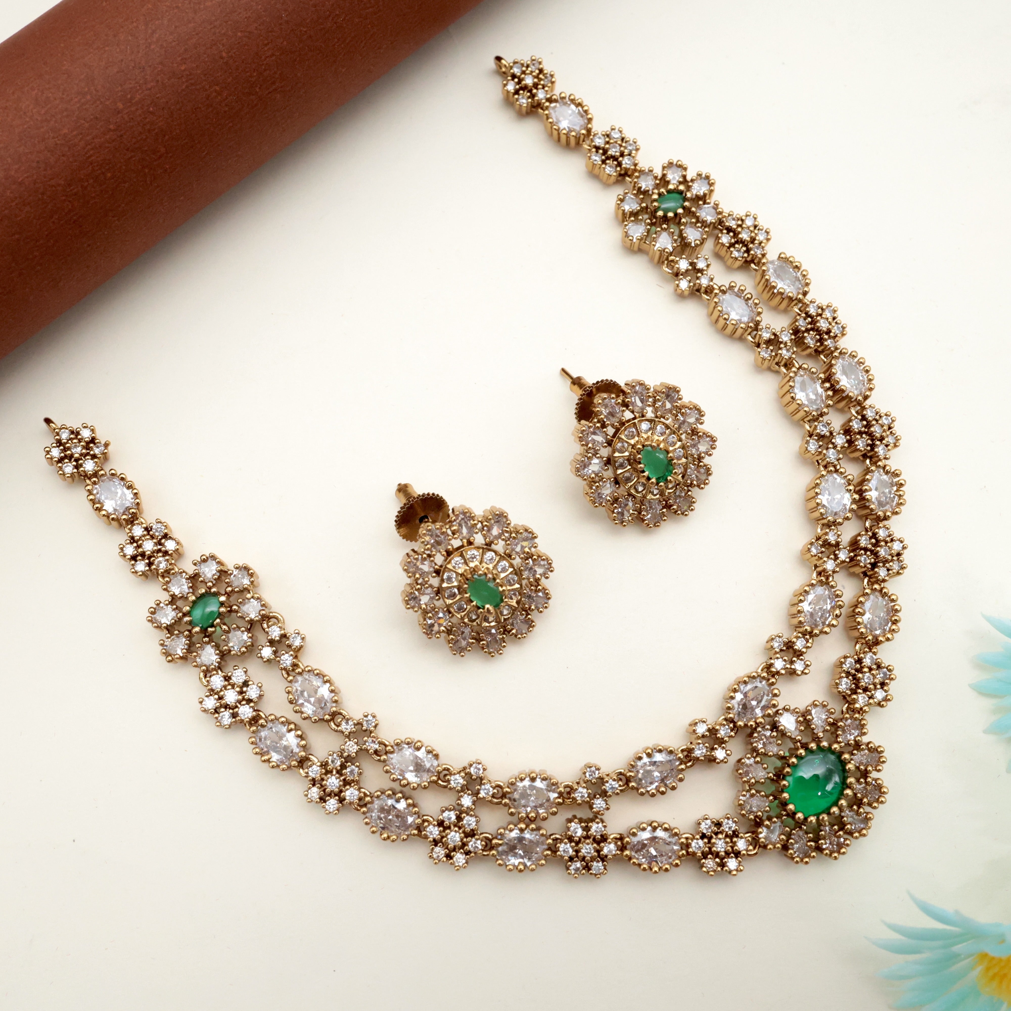 TWO LAYER AD VICTORIAN NECKLACE SET - DARK GREEN