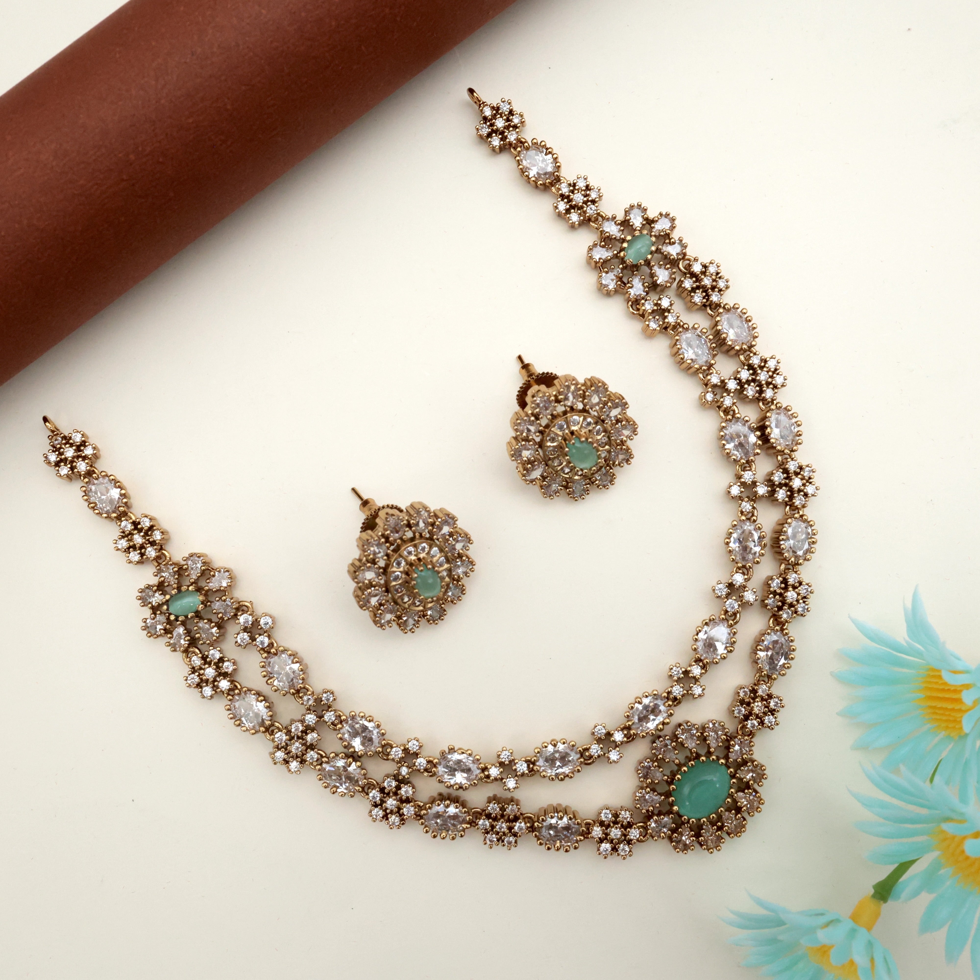 TWO LAYER AD VICTORIAN NECKLACE SET - MINT GREEN