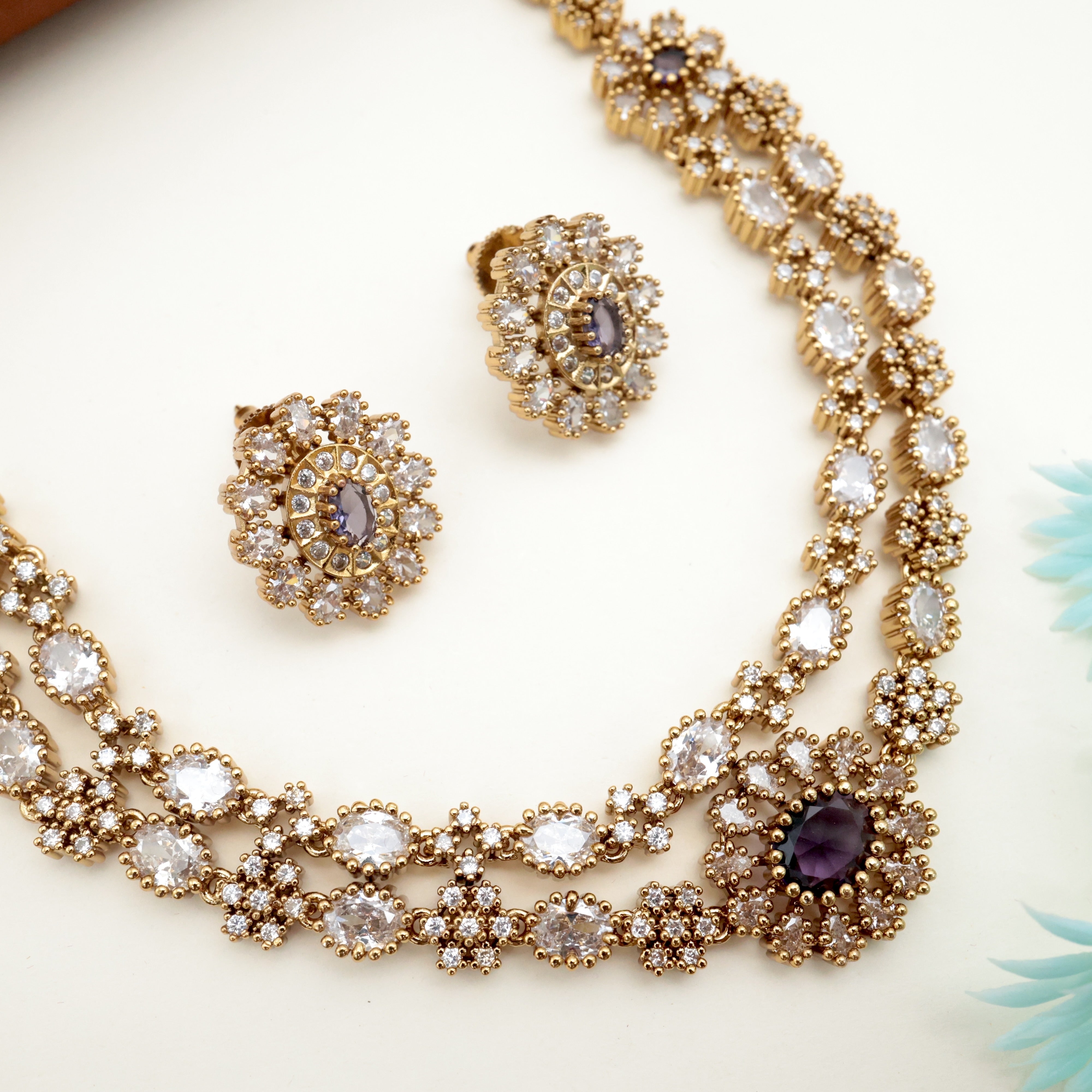 TWO LAYER AD VICTORIAN NECKLACE SET - PURPLE