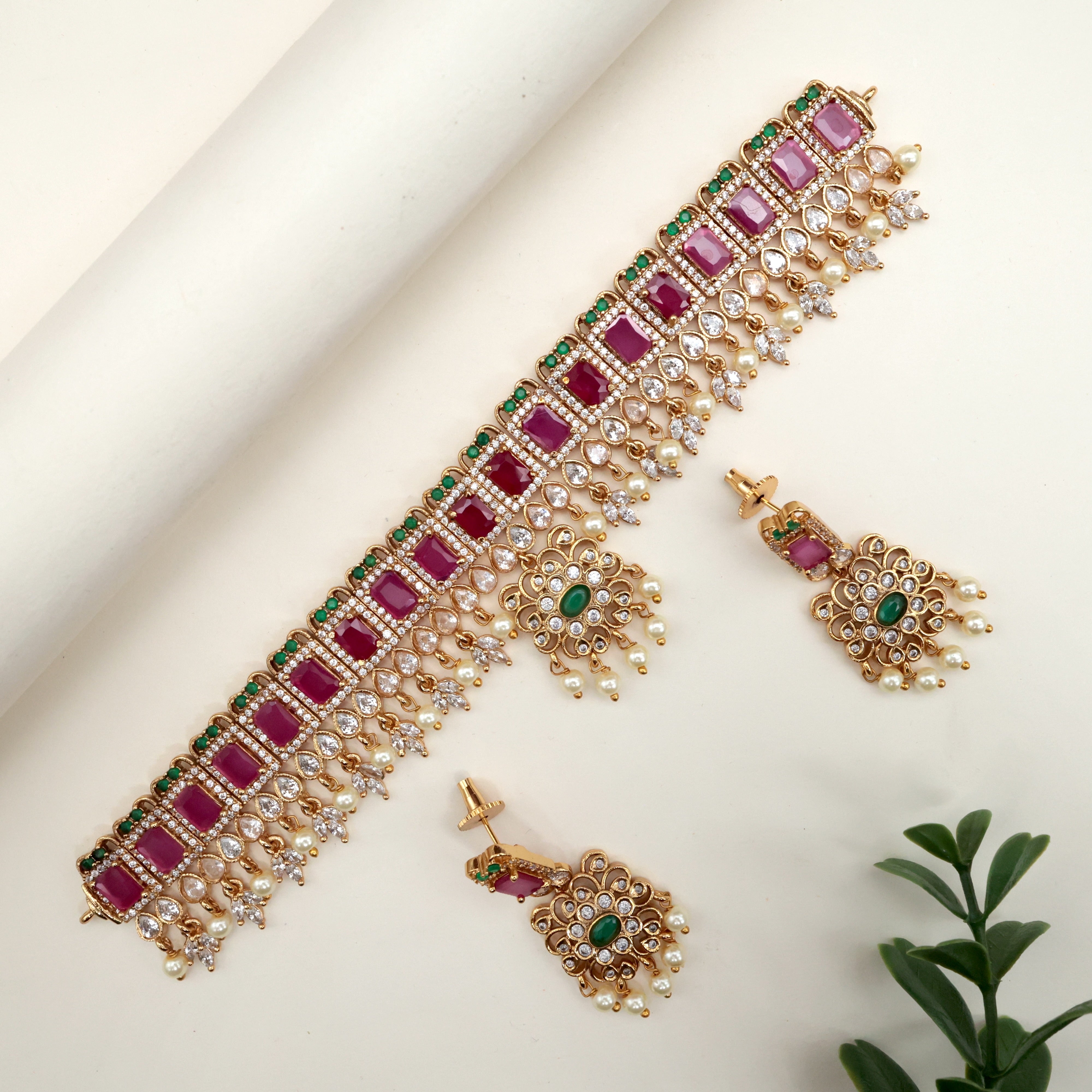 AD Square Stone Flower Pendant Bridal Choker Set - Ruby Green