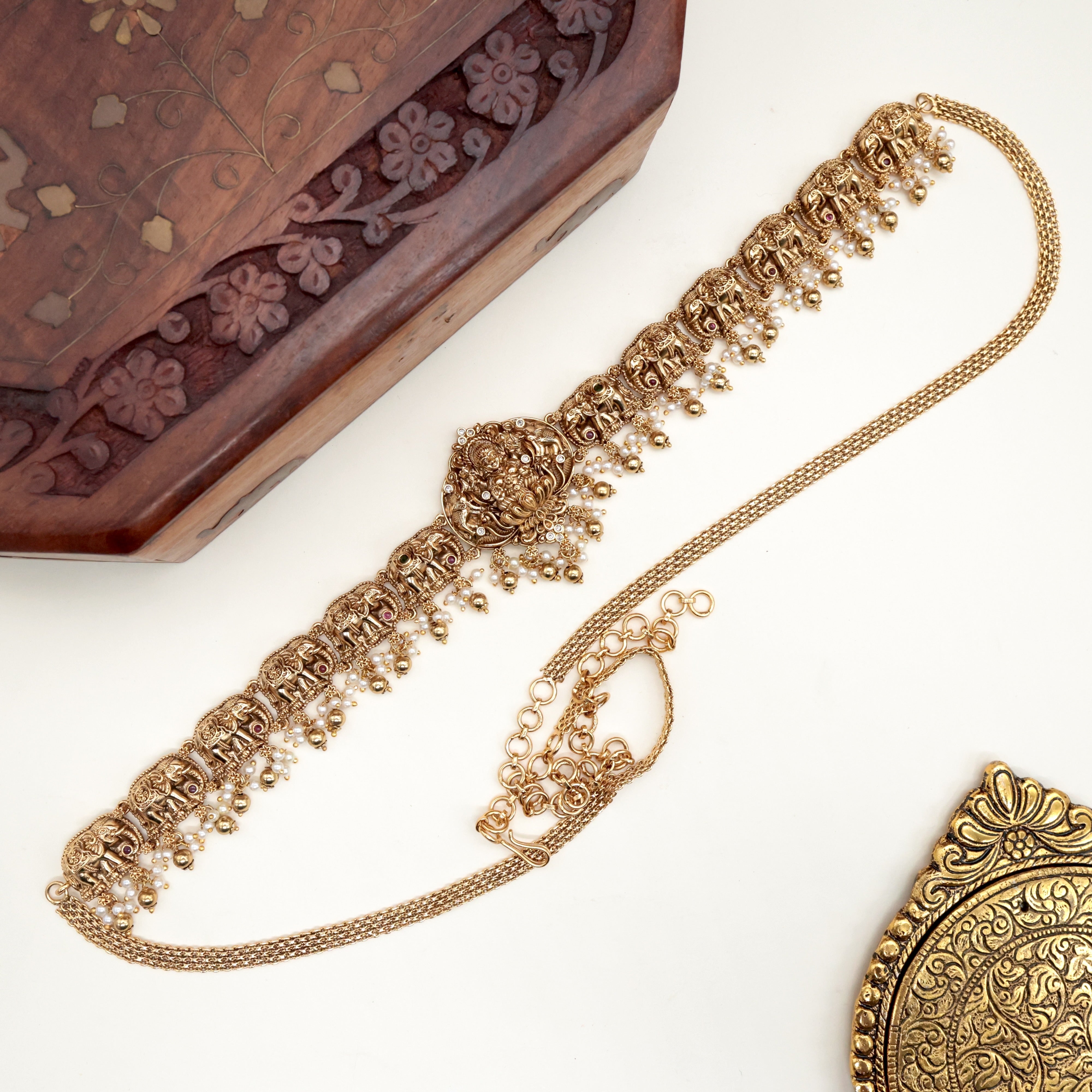 Antique Gold Nagas Royal Elephants Lakshmi Bridal Hip Chain / Hip Belt