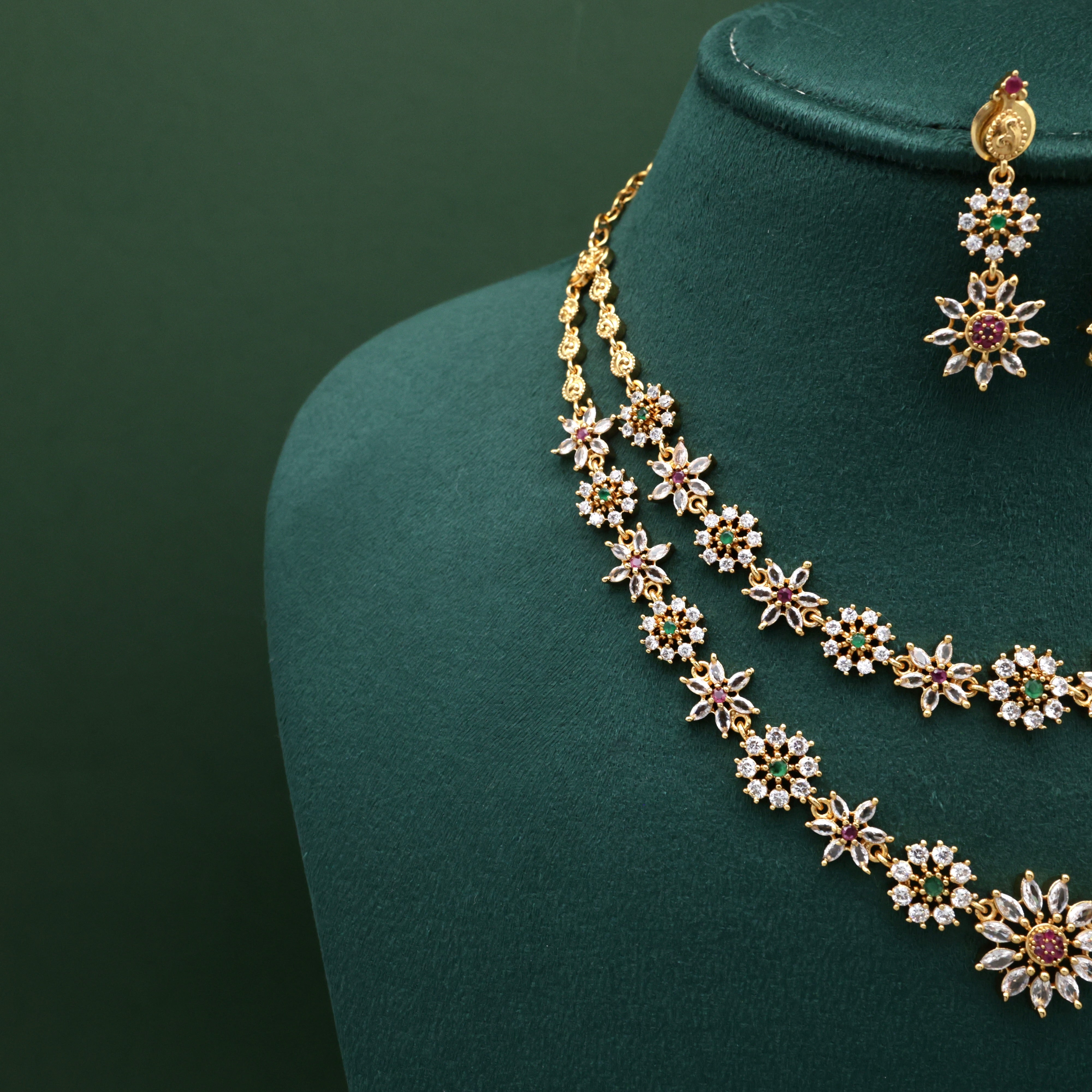 Two Layer AD Diamond Look Star Flower Necklace Set - Multi