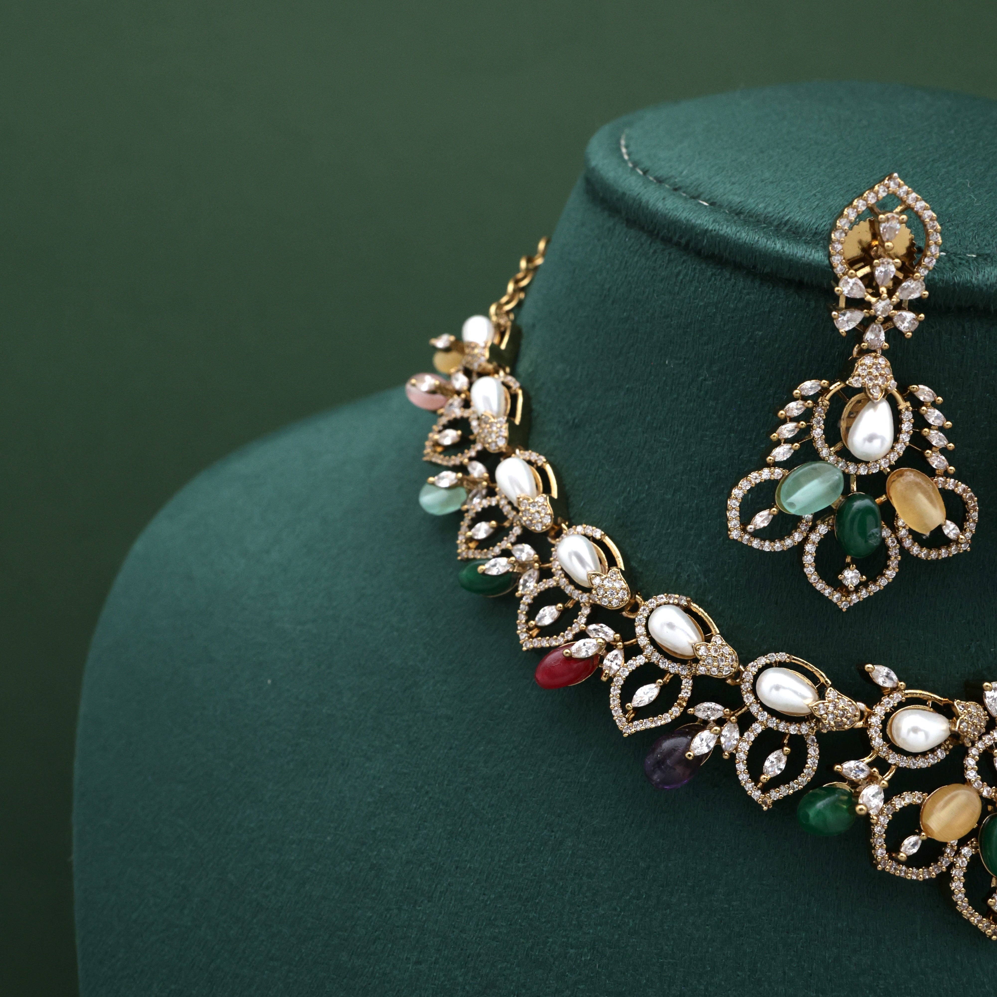 Diamond Look AD Multi Colour Pearl & Beads Flower Petals Bridal Necklace Set
